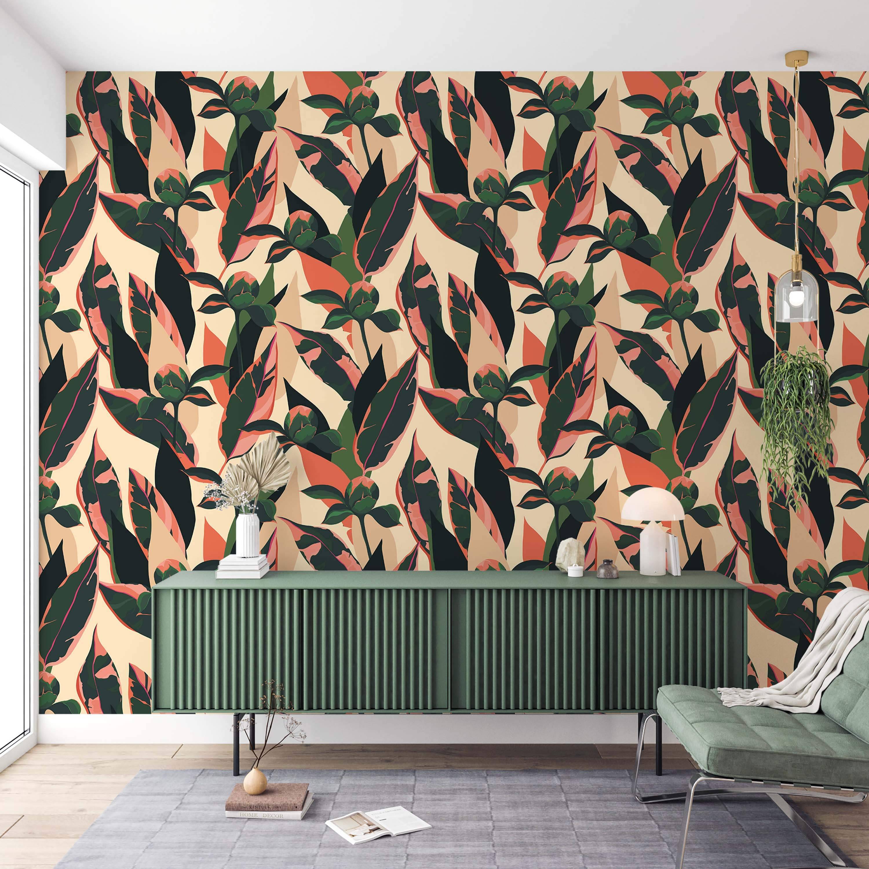 Stylized botanical wallpaper with dark green and coral leaves, plus green flower buds, against a light beige background.