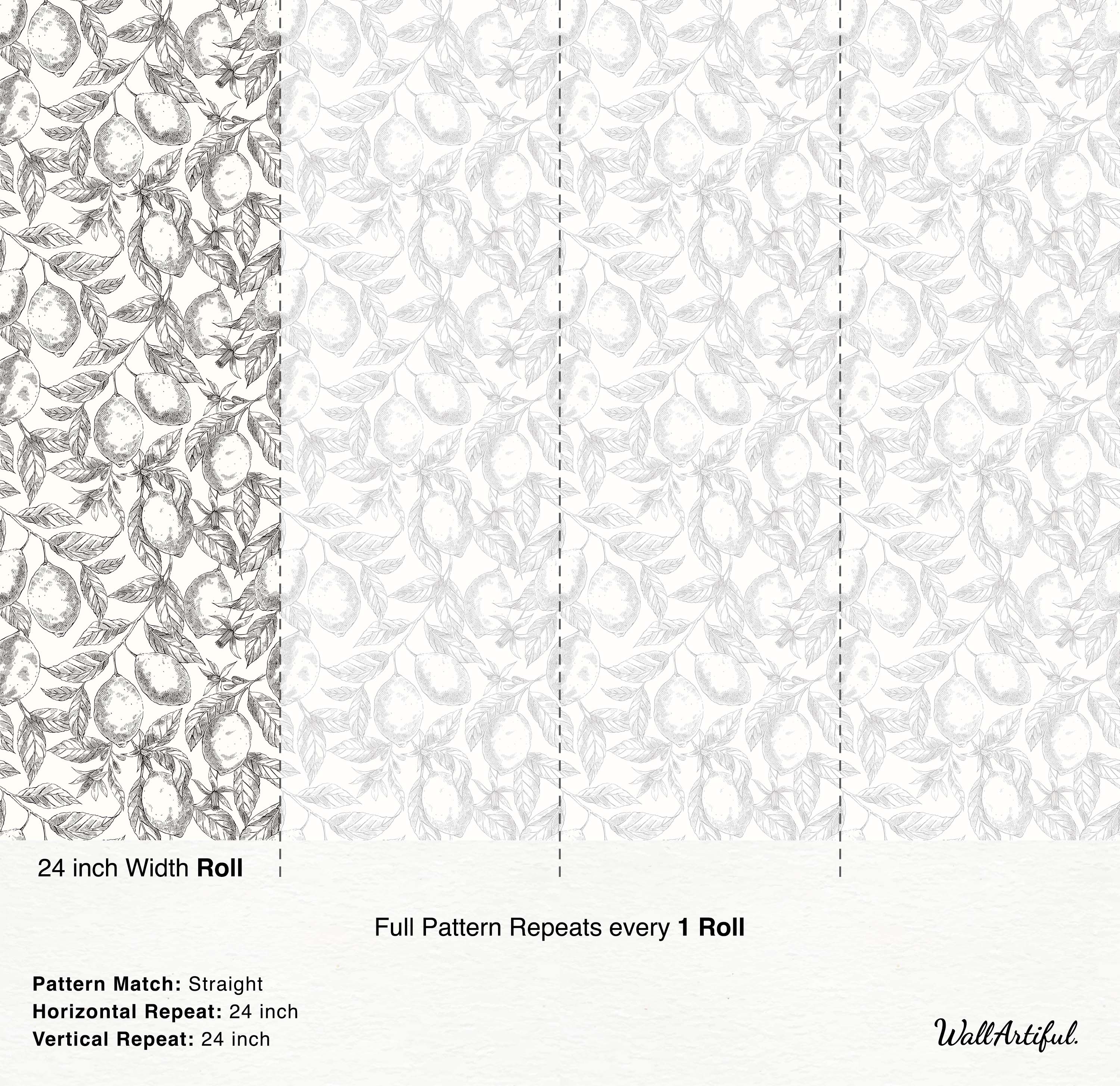 Wallpaper featuring a grayscale botanical sketch of lemons, leaves, and blossoms in a repeating pattern on a light background.