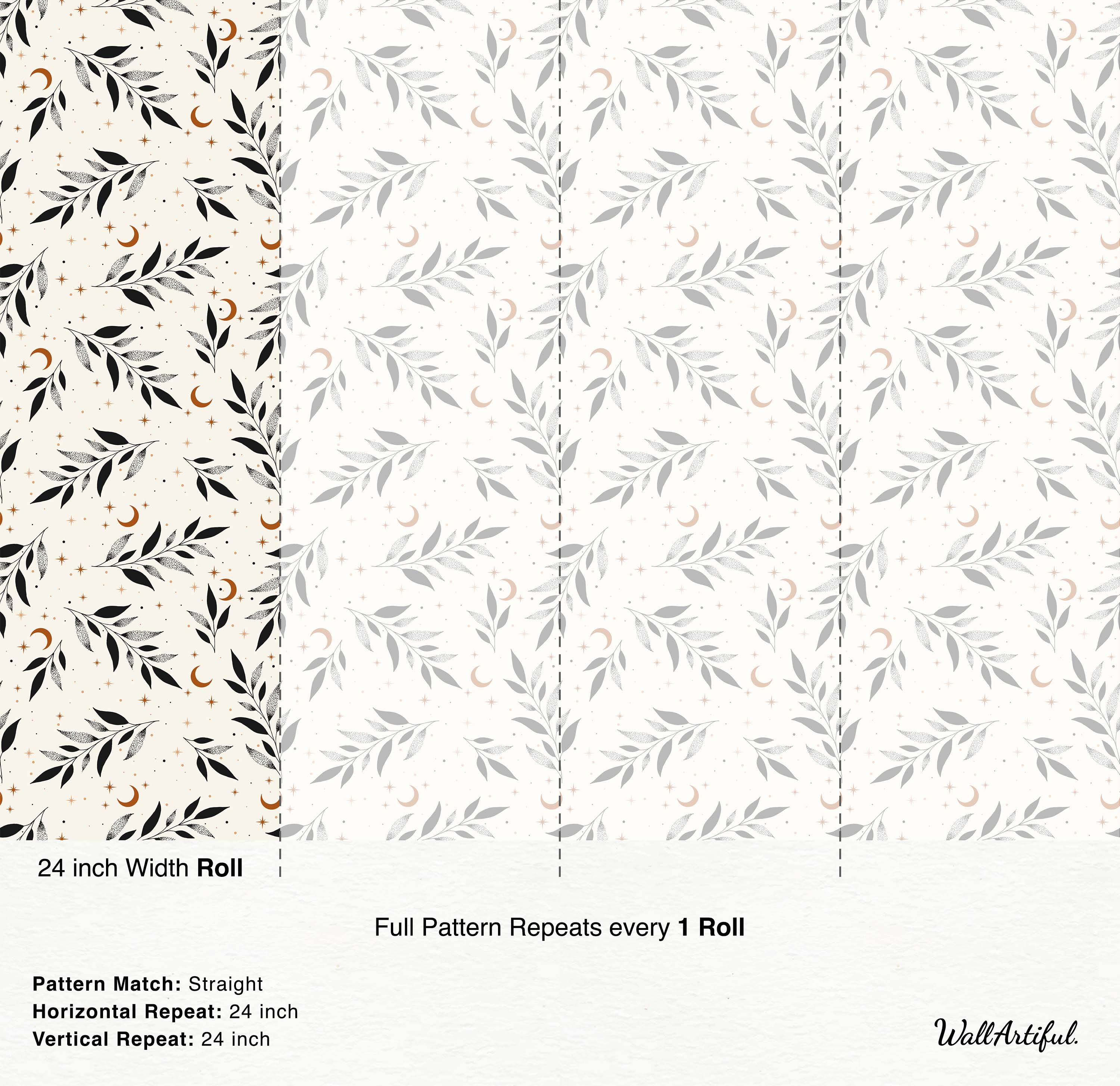 A celestial wallpaper with black and stippled leafy branches, gold crescent moons, and stars on a cream background.