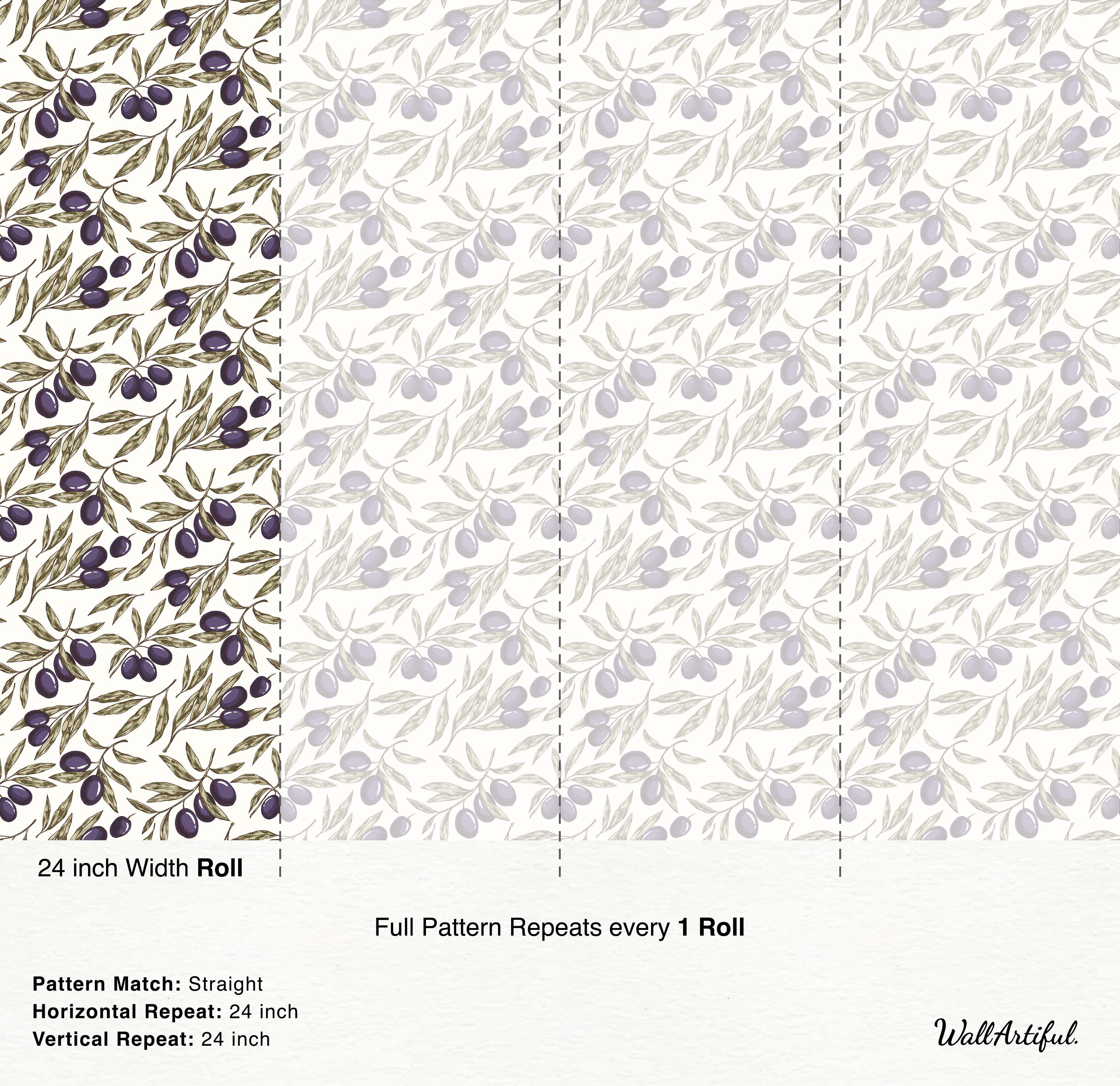Botanical wallpaper with a repeating pattern of olive branches, featuring dark purple olives and sage green leaves, on an off-white background.