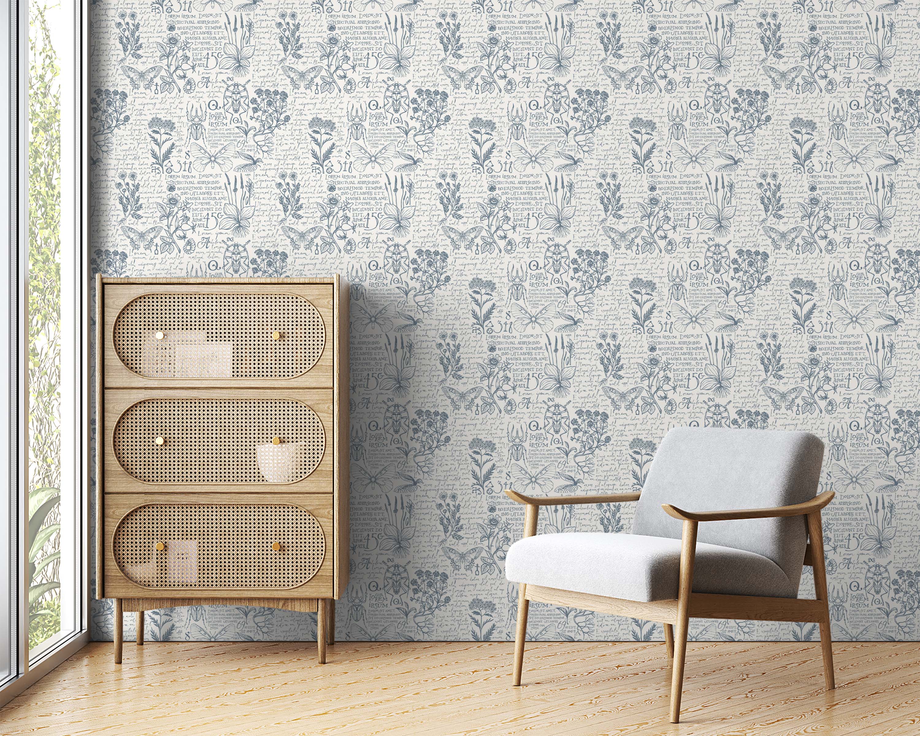 Vintage-style wallpaper with blue illustrations of botanicals, insects, and cursive script on a cream background.