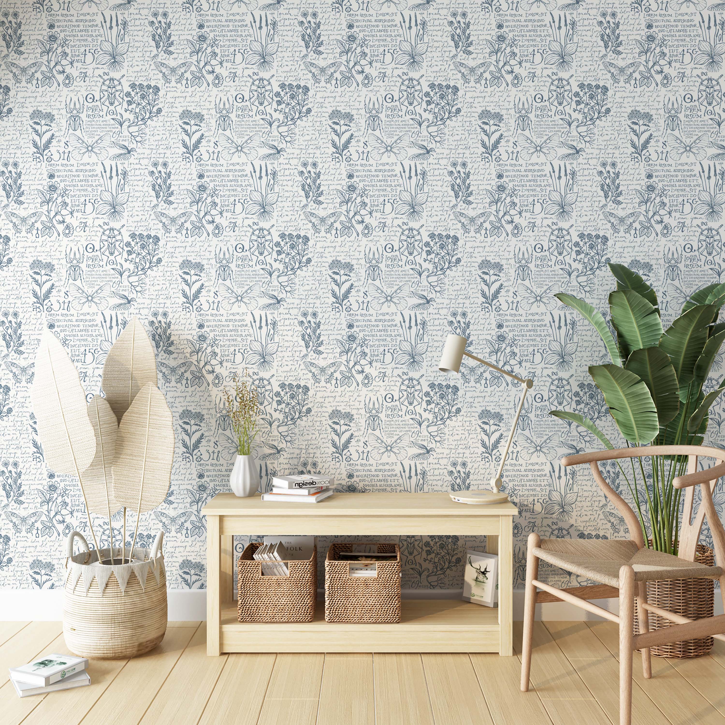 Vintage wallpaper with blue botanical illustrations, insects, and cursive script on a creamy white background.
