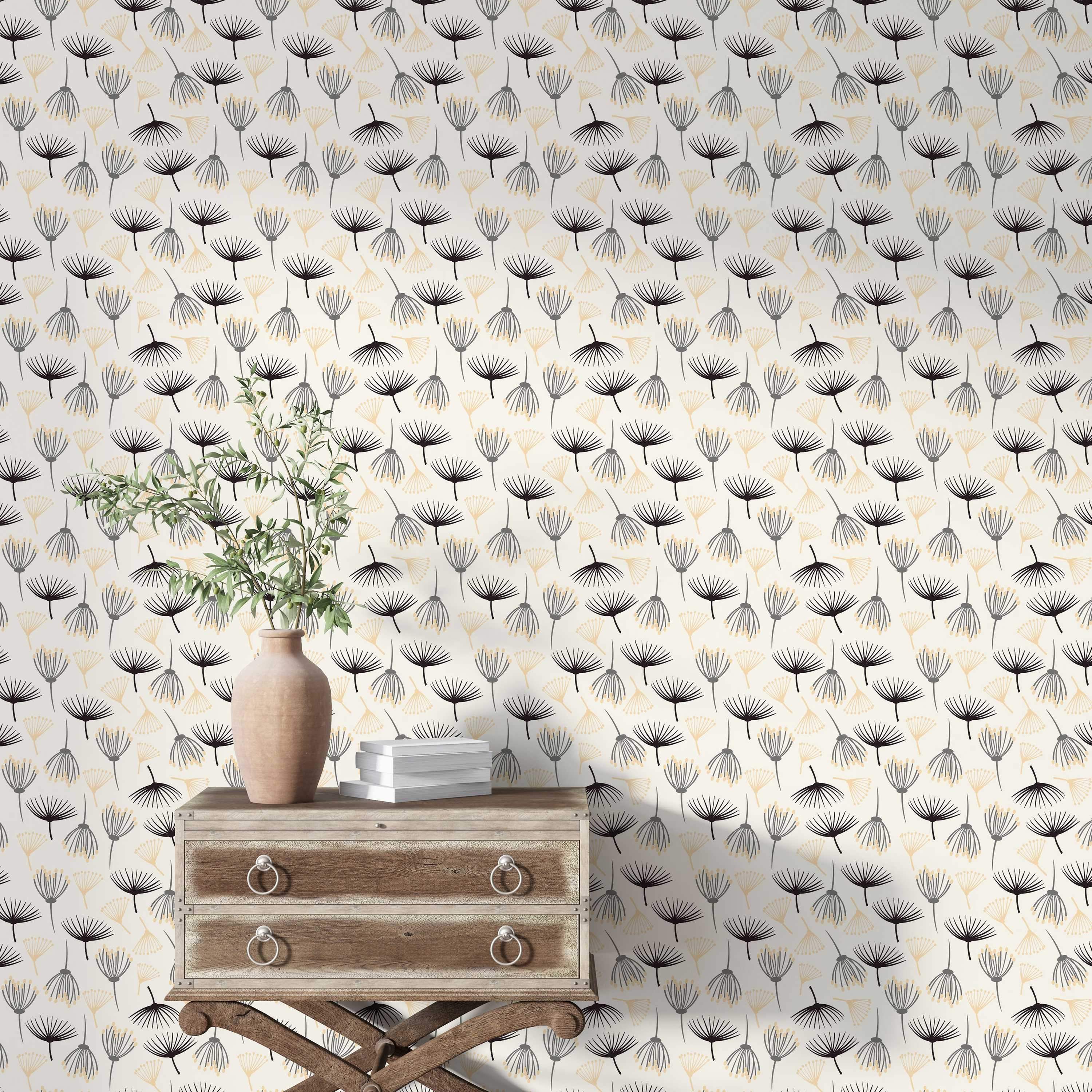 Wallpaper featuring a repeating pattern of abstract botanical seed shapes in black, grey, and pale yellow on an off-white background.