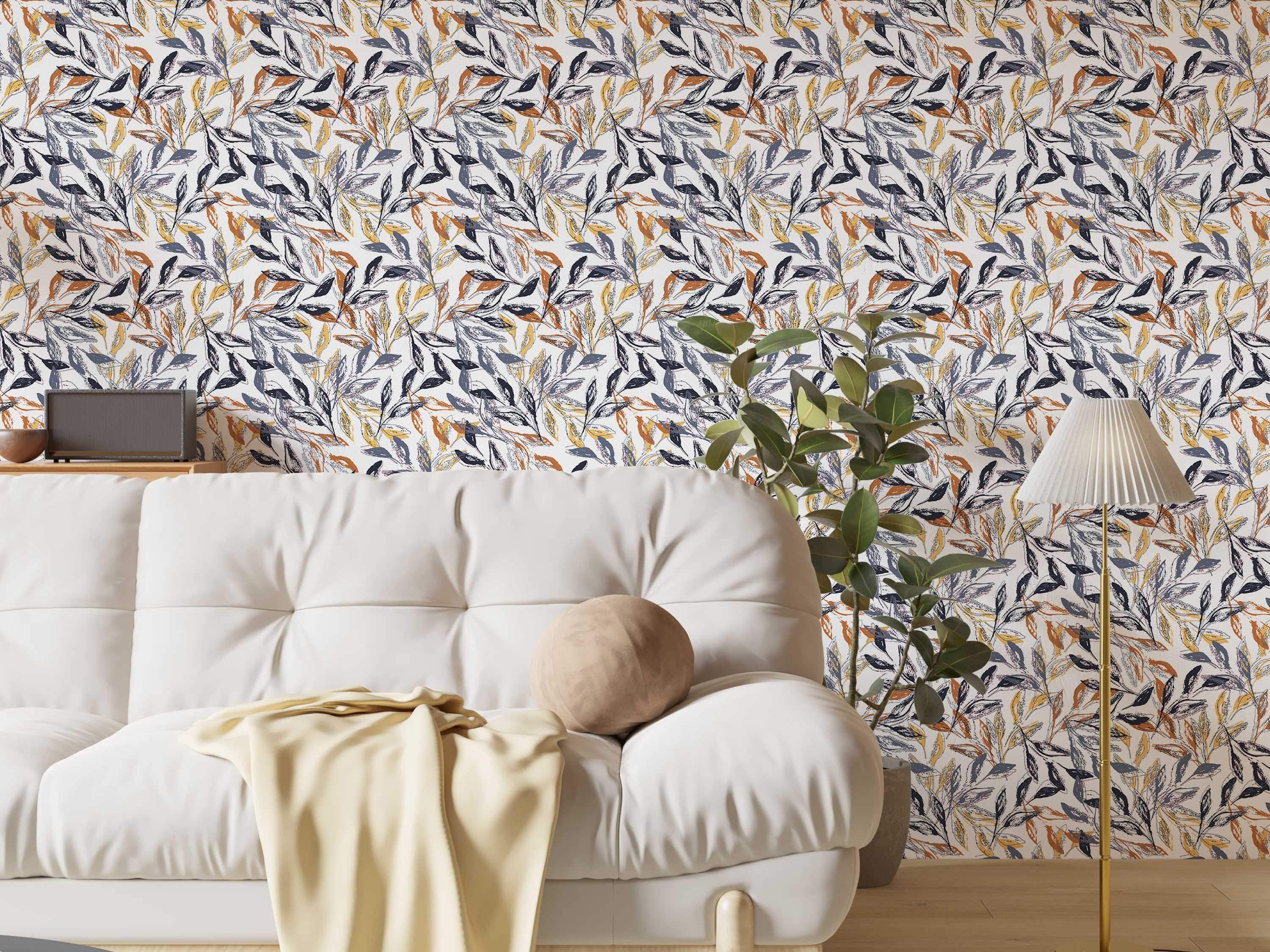 Wallpaper with a sketched botanical leaf pattern in navy blue, rust orange, golden yellow, and gray hues on a light background.
