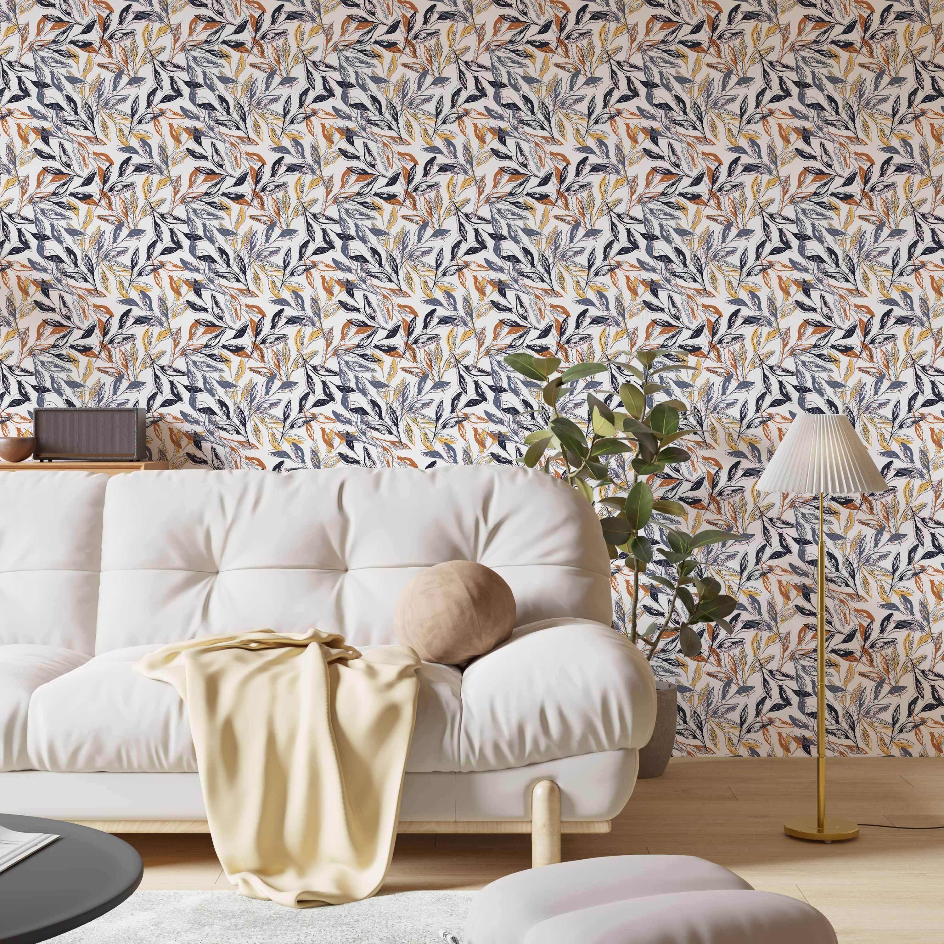 Wallpaper with a sketched botanical leaf pattern in navy blue, rust orange, golden yellow, and gray hues on a light background.