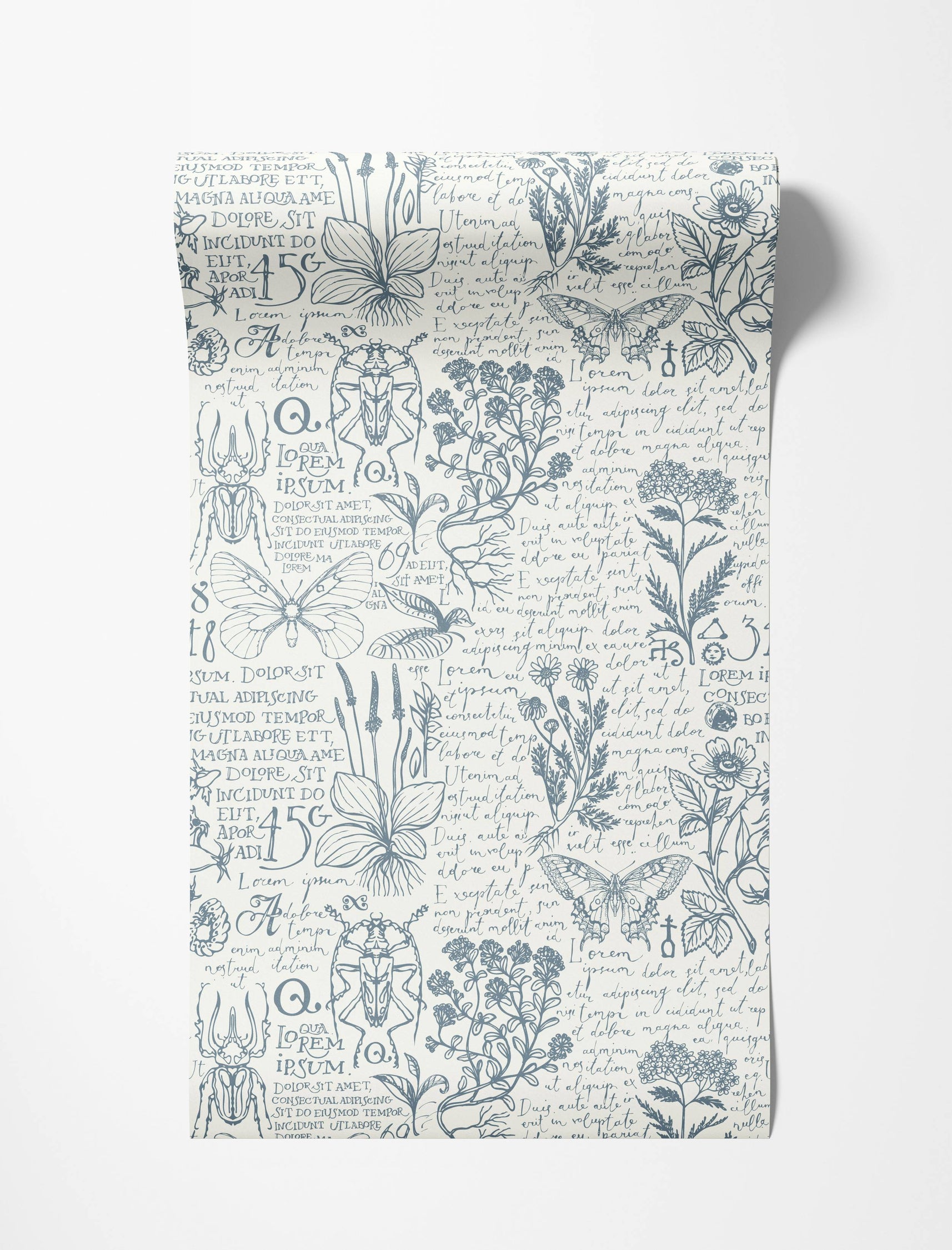 A sketchbook-style wallpaper featuring blue botanical illustrations, insects, and cursive text on a cream background.