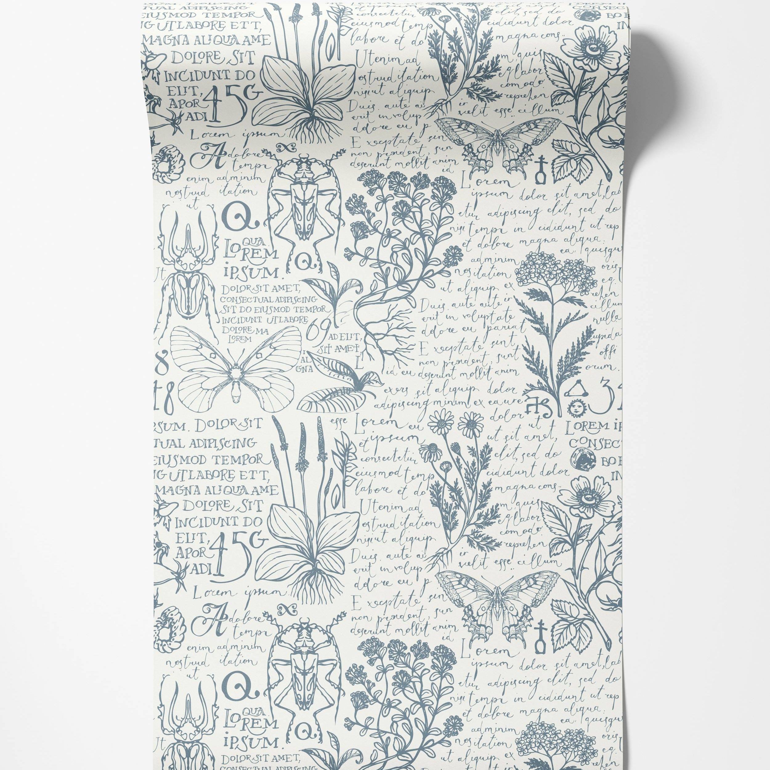 A sketchbook-style wallpaper featuring blue botanical illustrations, insects, and cursive text on a cream background.