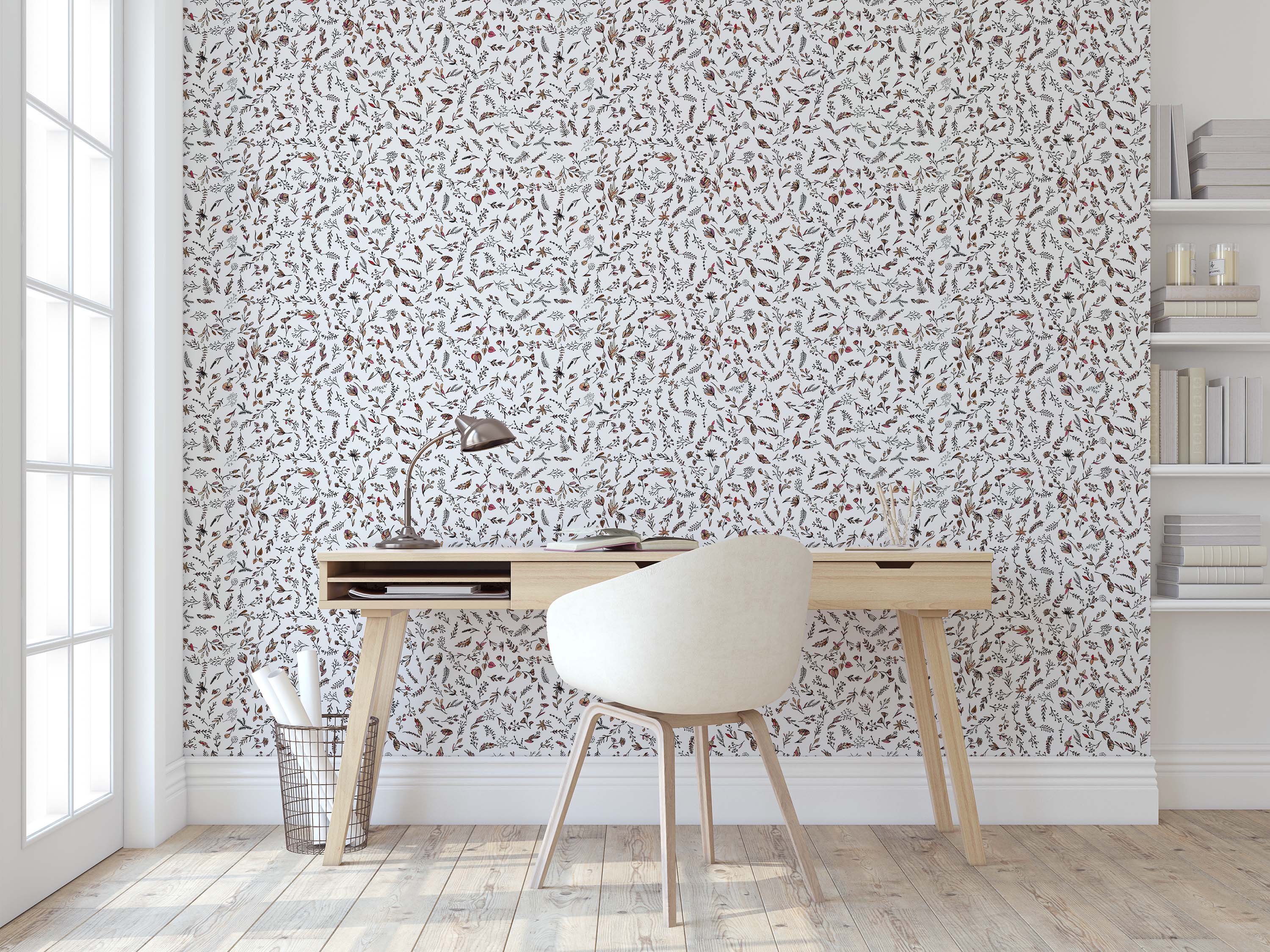 Ditsy botanical wallpaper with small, scattered sprigs, leaves, and flowers in brown, red, and tan hues on a white background.