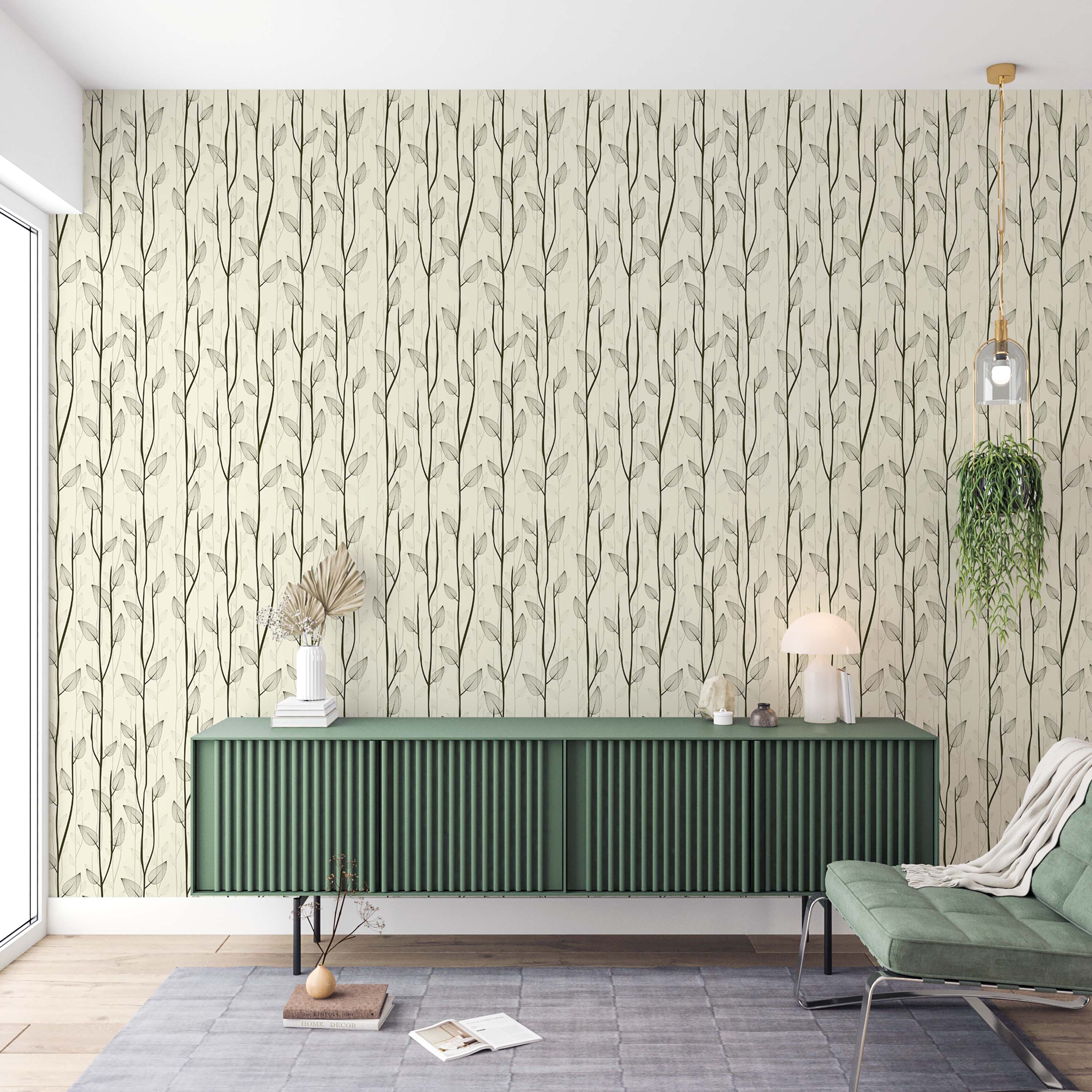 Botanical wallpaper with a pattern of thin, vertical dark vines and delicate, transparent leaves on a cream background.