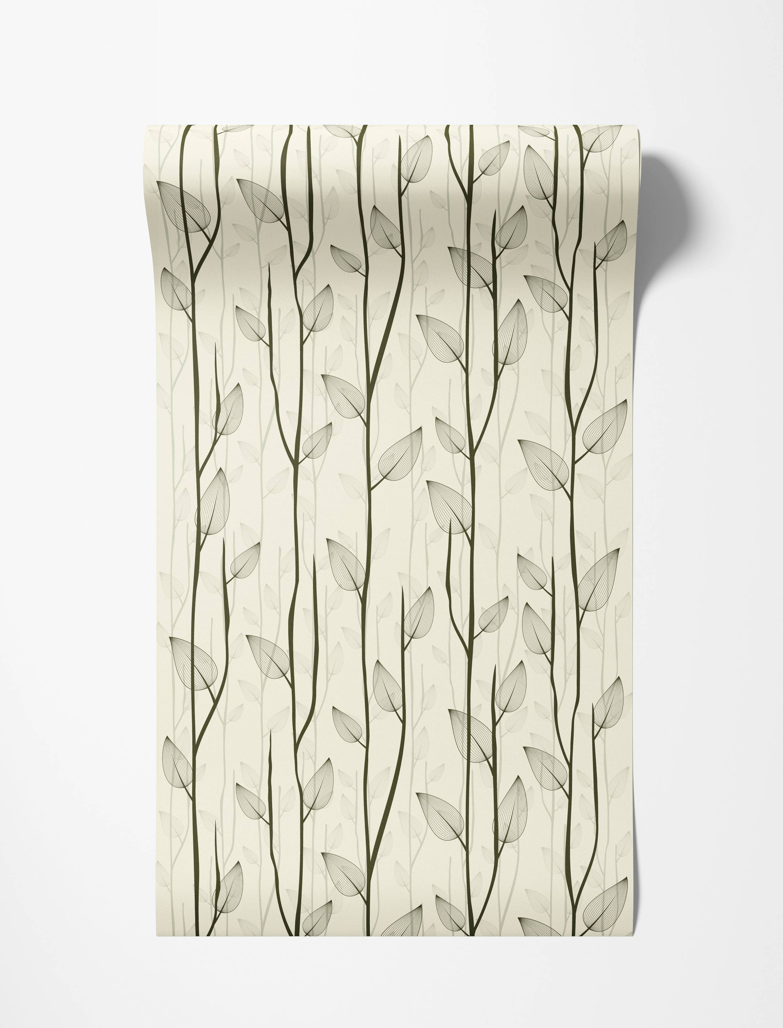 A botanical wallpaper with dark brown vertical vines and stylized leaves on a cream background, accented by subtle gray branches.