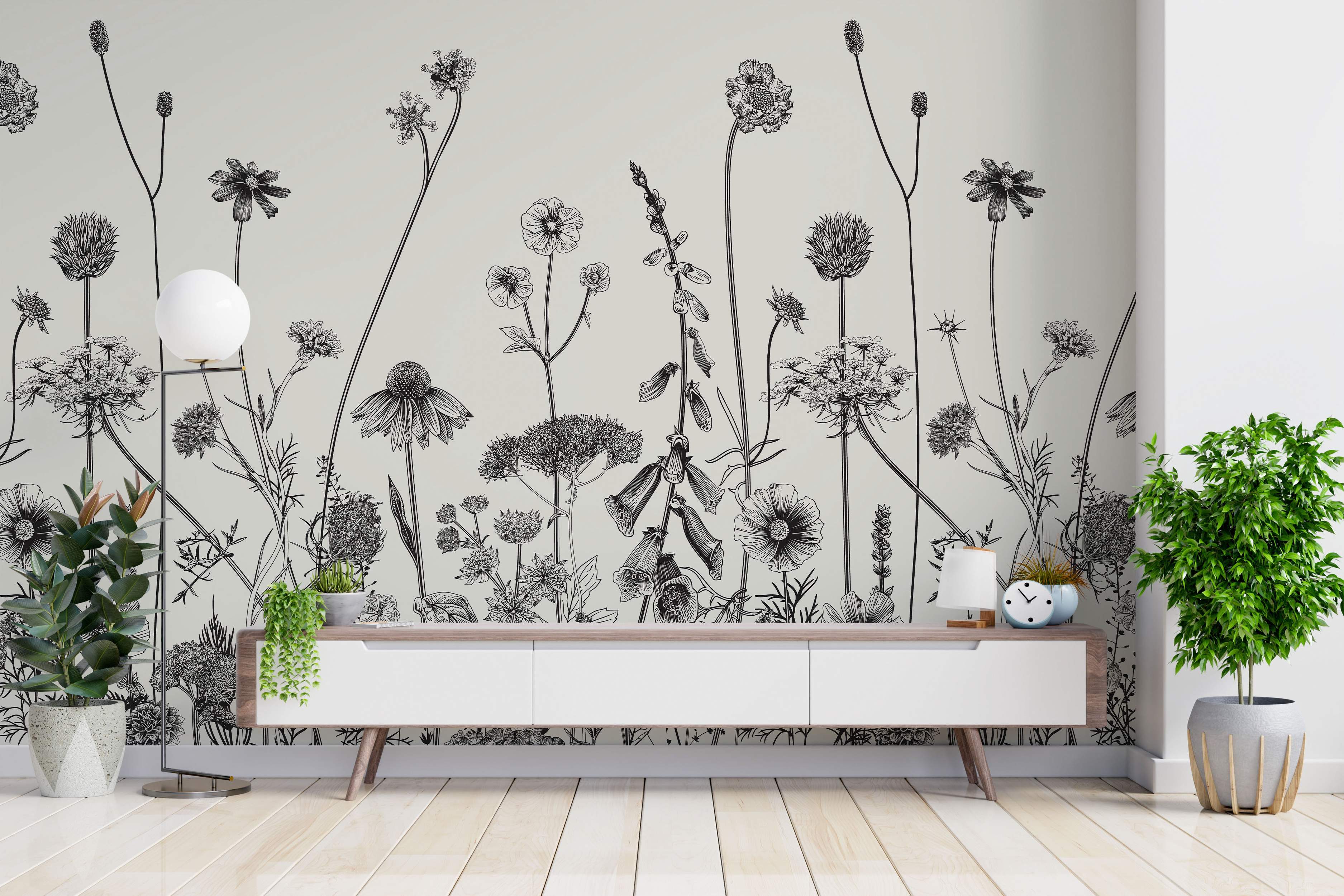 Mural featuring black botanical line drawings of various wildflowers and plants on a light beige background.