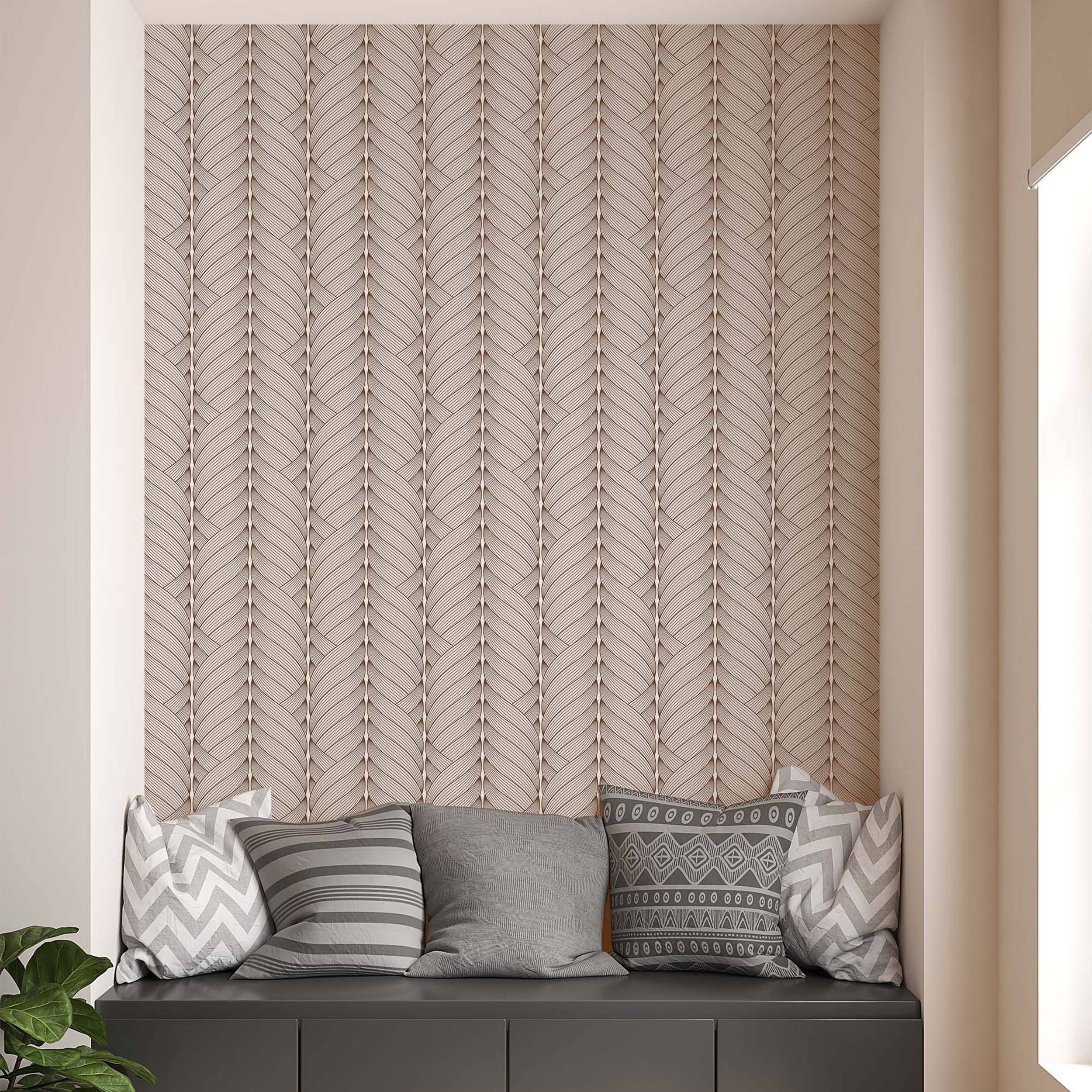 Wallpaper with a repeating vertical braided pattern composed of fine beige and brown lines on a light beige background.