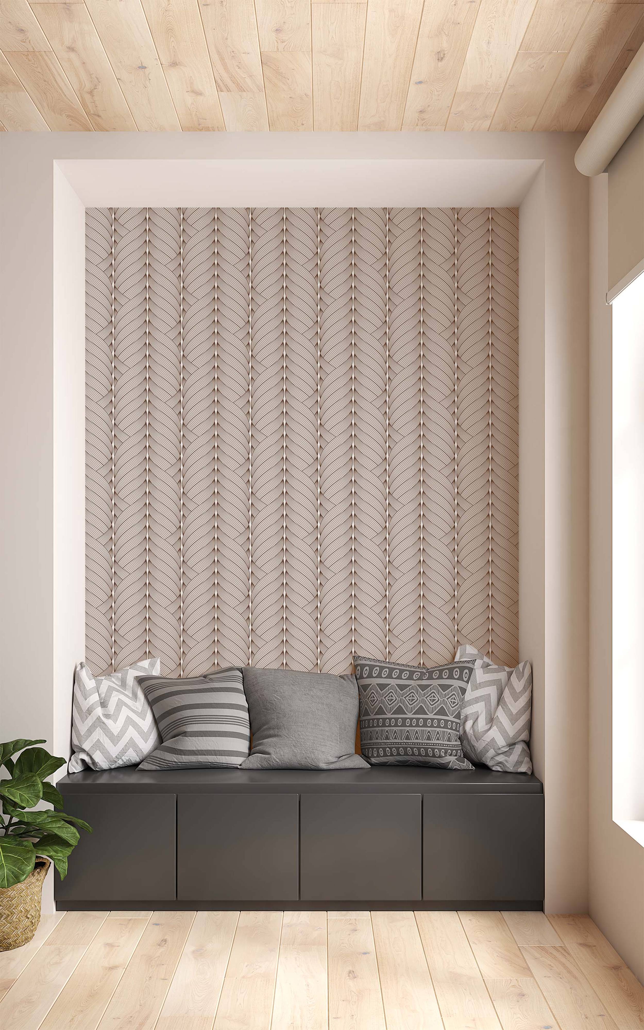 Wallpaper with a repeating vertical braided pattern composed of fine beige and brown lines on a light beige background.