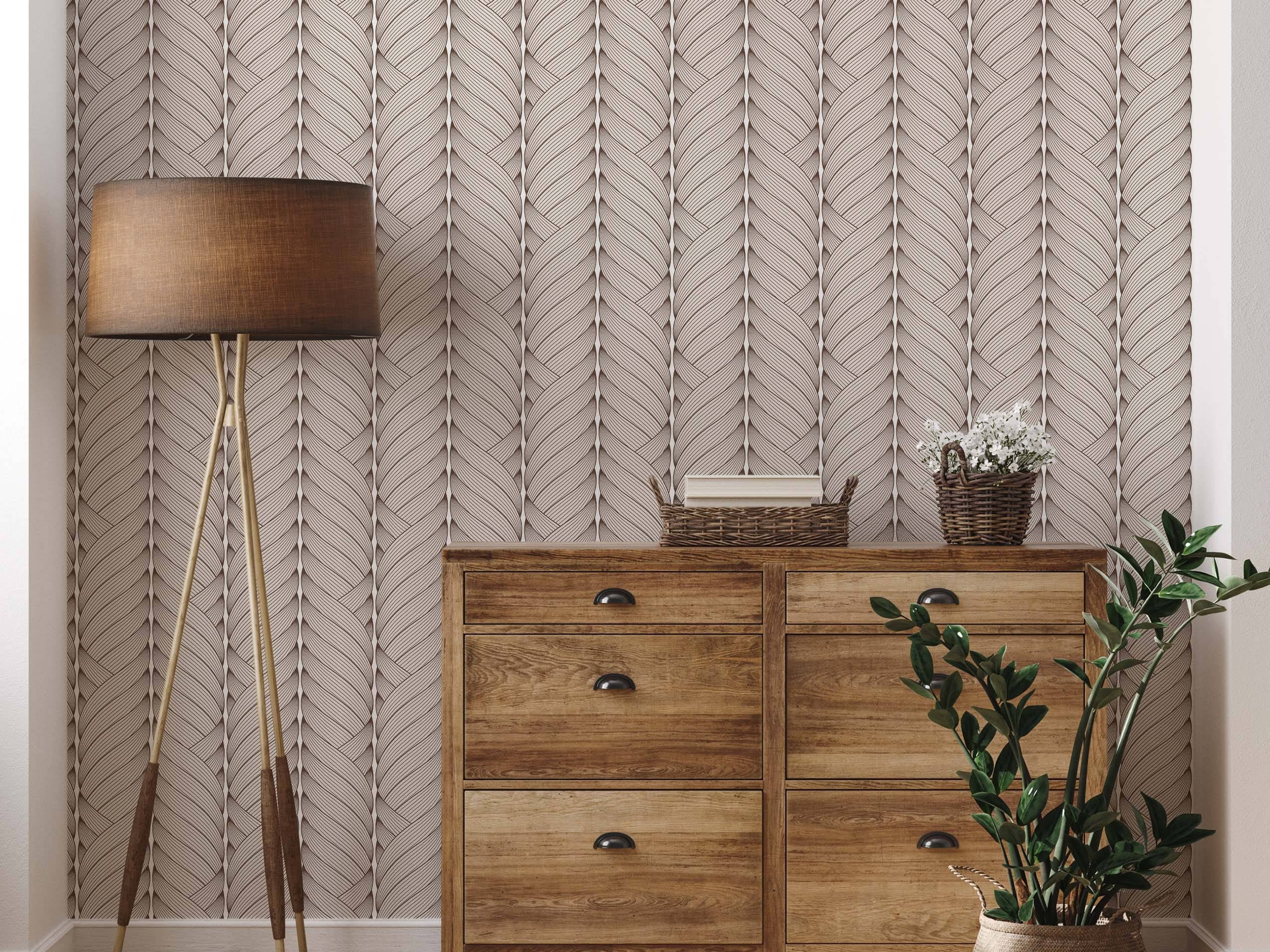 Beige wallpaper featuring vertical, braided stripes created with fine dark brown lines for a textured, woven look.