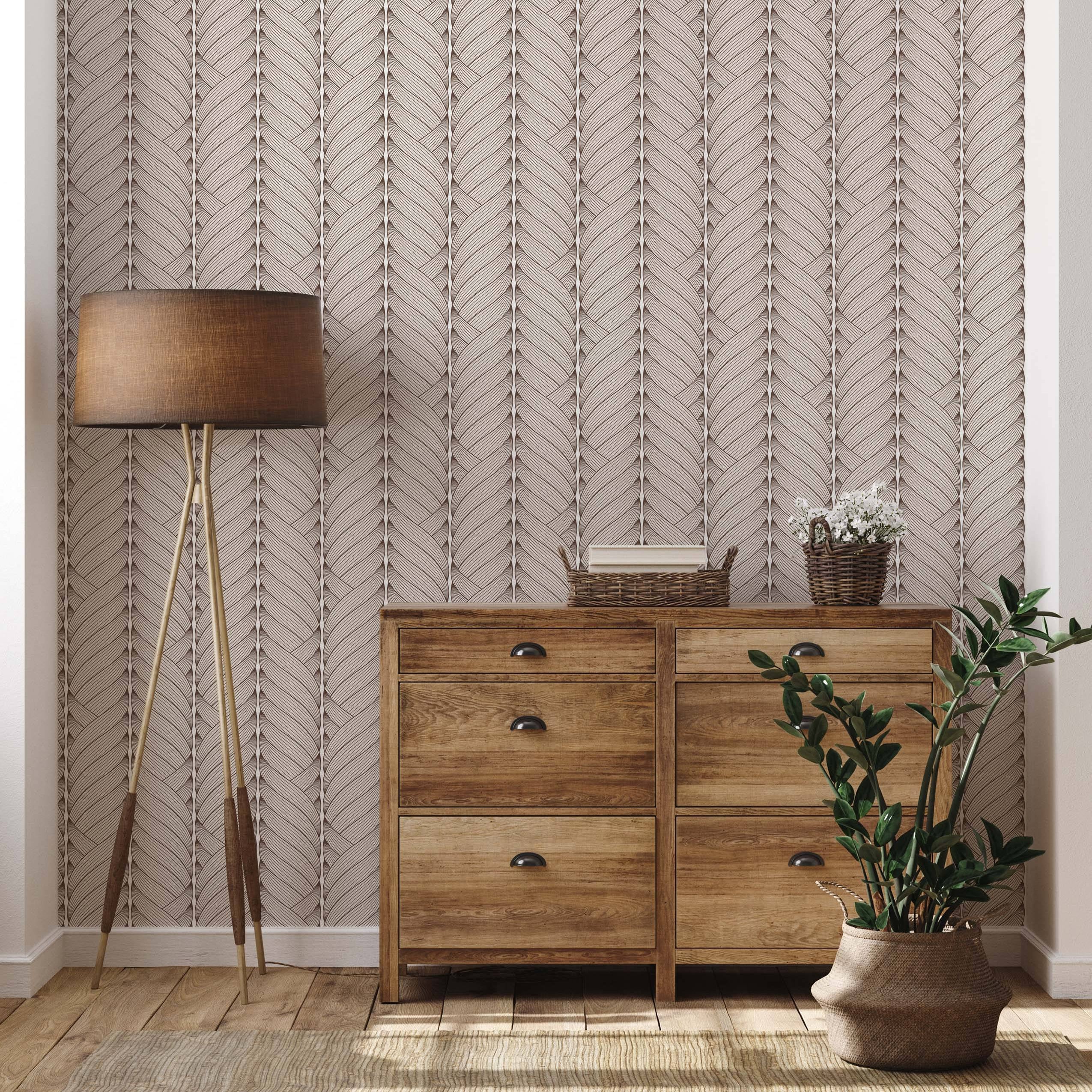 Beige wallpaper featuring vertical, braided stripes created with fine dark brown lines for a textured, woven look.