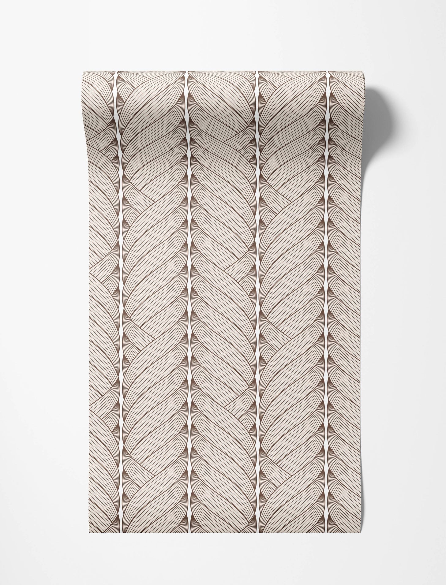 Wallpaper featuring a vertical braided pattern composed of thin brown lines on a light beige background.
