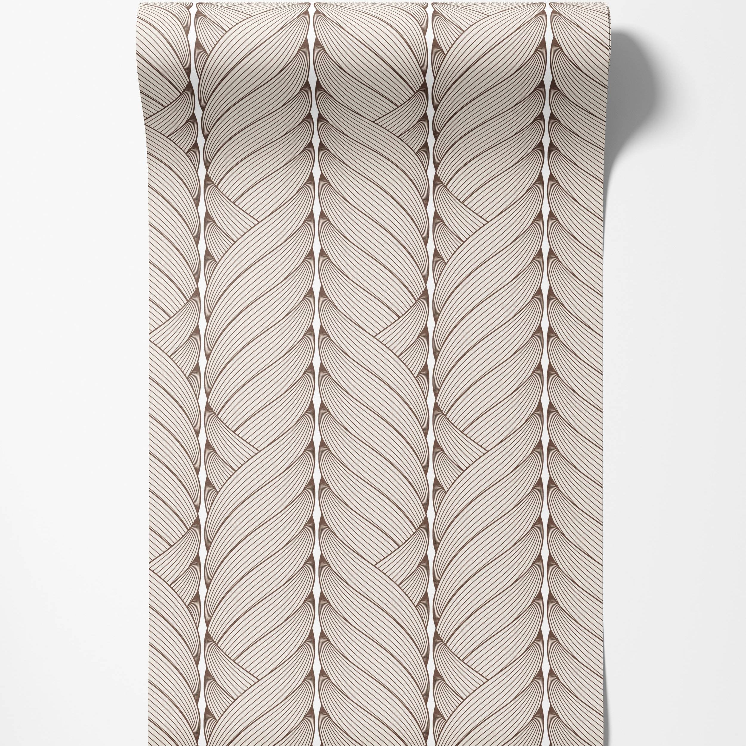 Wallpaper featuring a vertical braided pattern composed of thin brown lines on a light beige background.