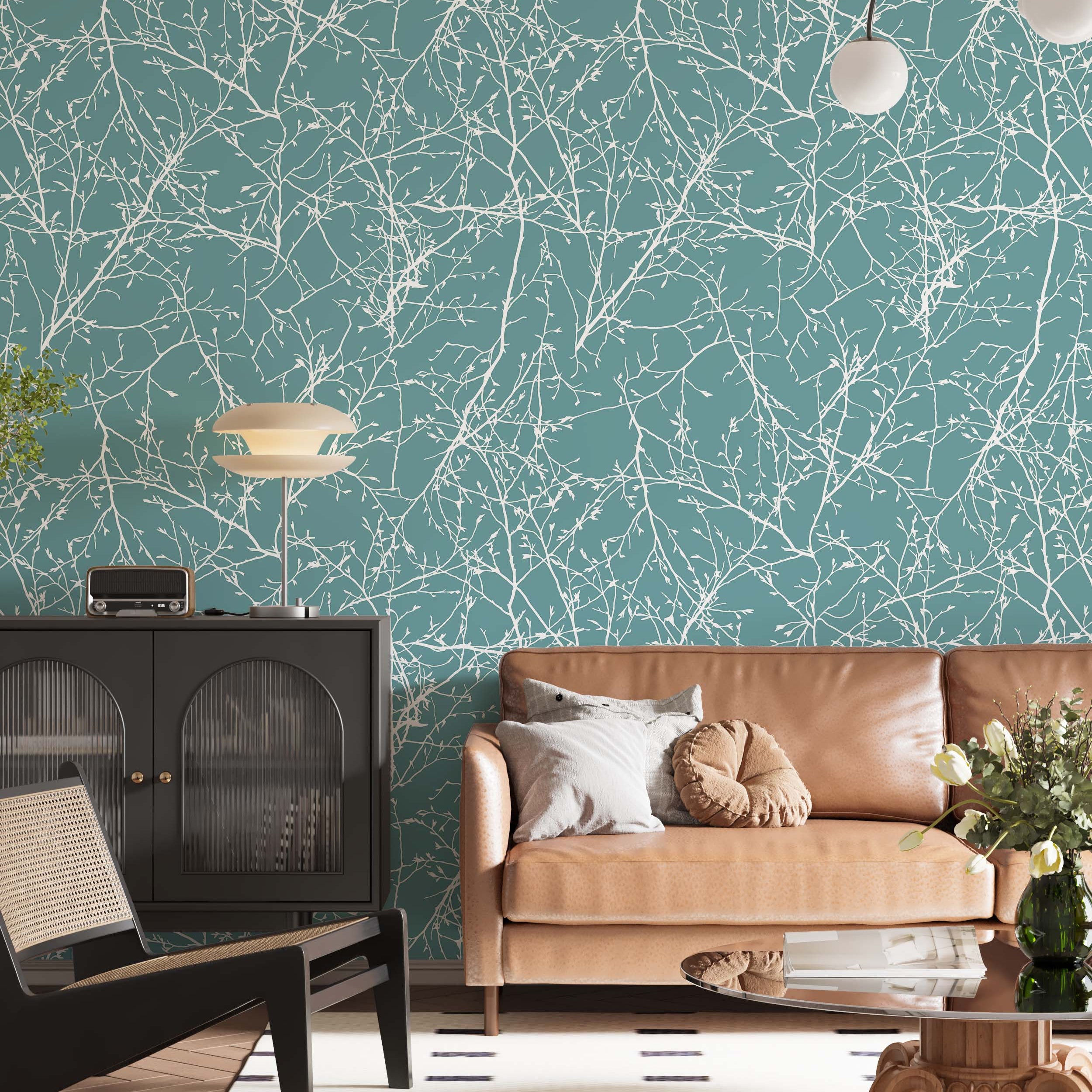 Wallpaper with a dense pattern of tangled, white, leafless branches on a solid teal background.
