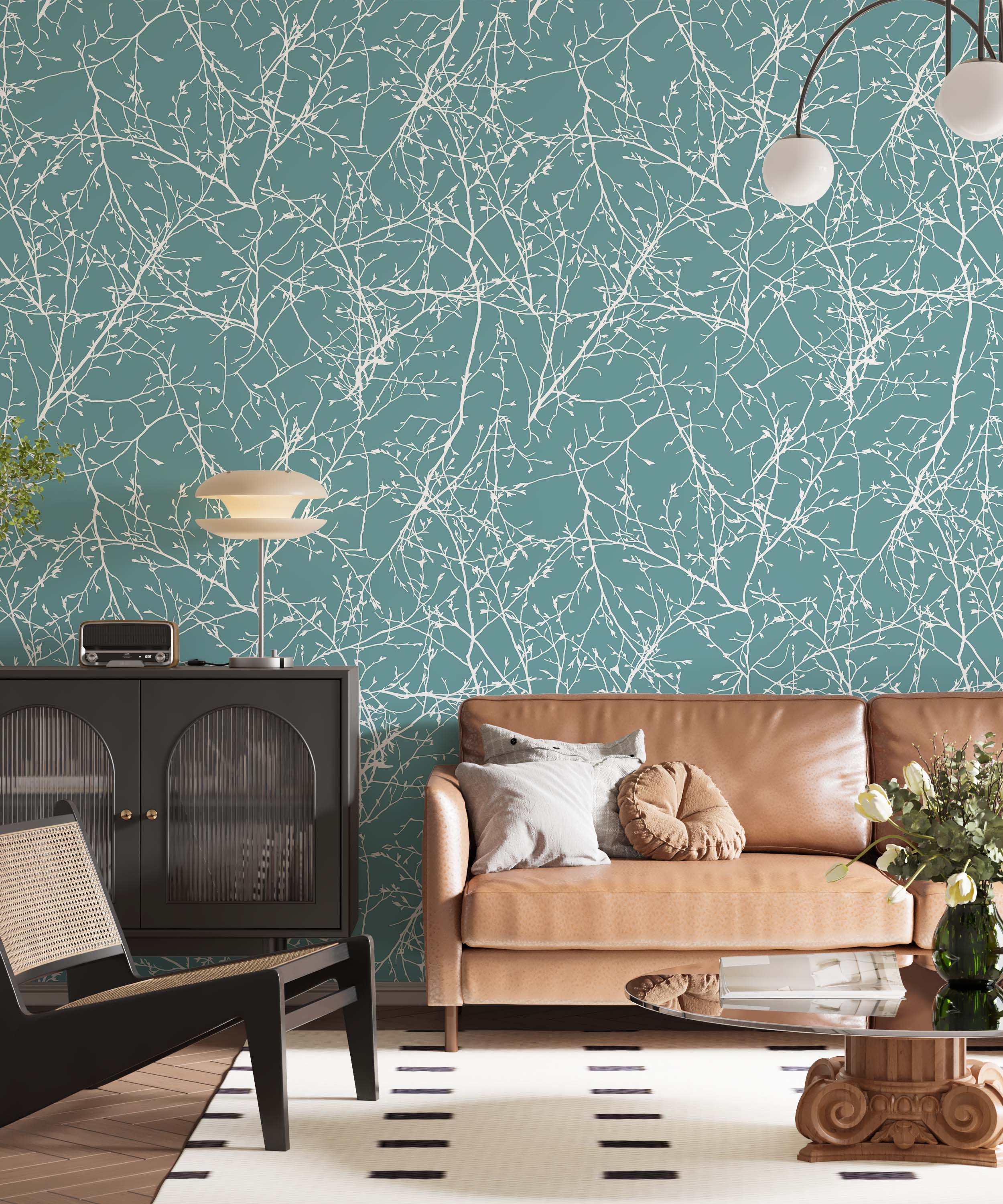 Wallpaper with a dense pattern of tangled, white, leafless branches on a solid teal background.