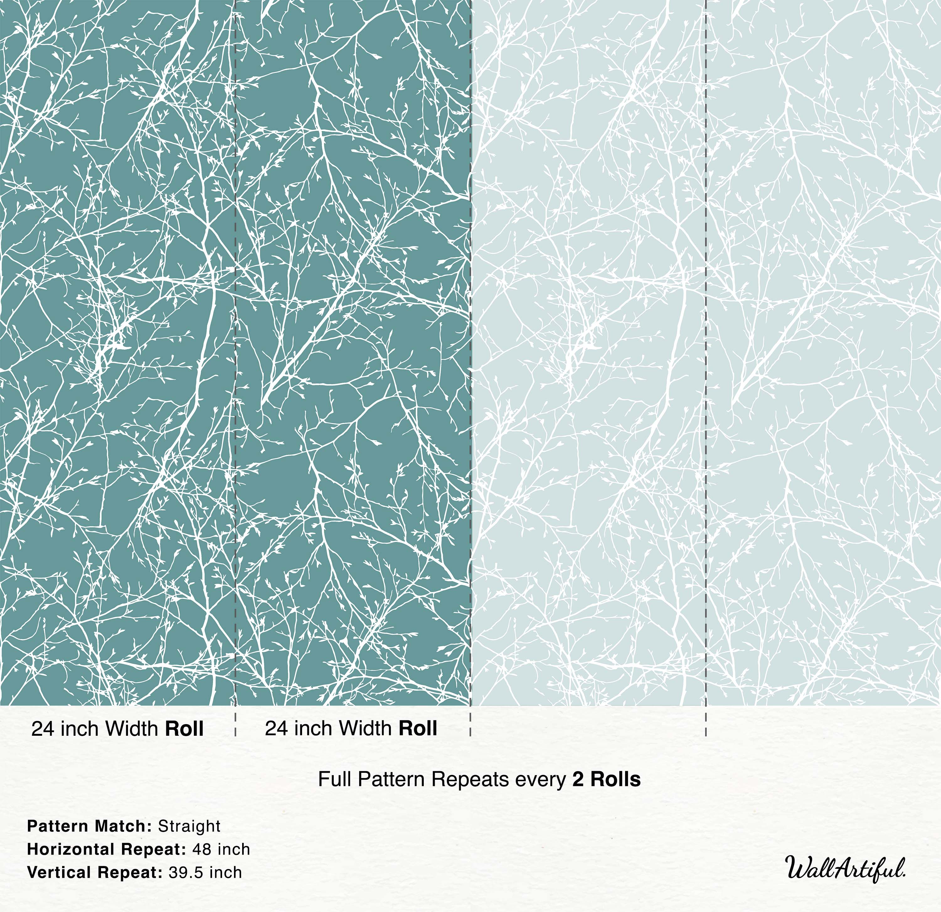 Wallpaper with an intricate pattern of delicate white tree branches and buds against a muted teal-blue background.