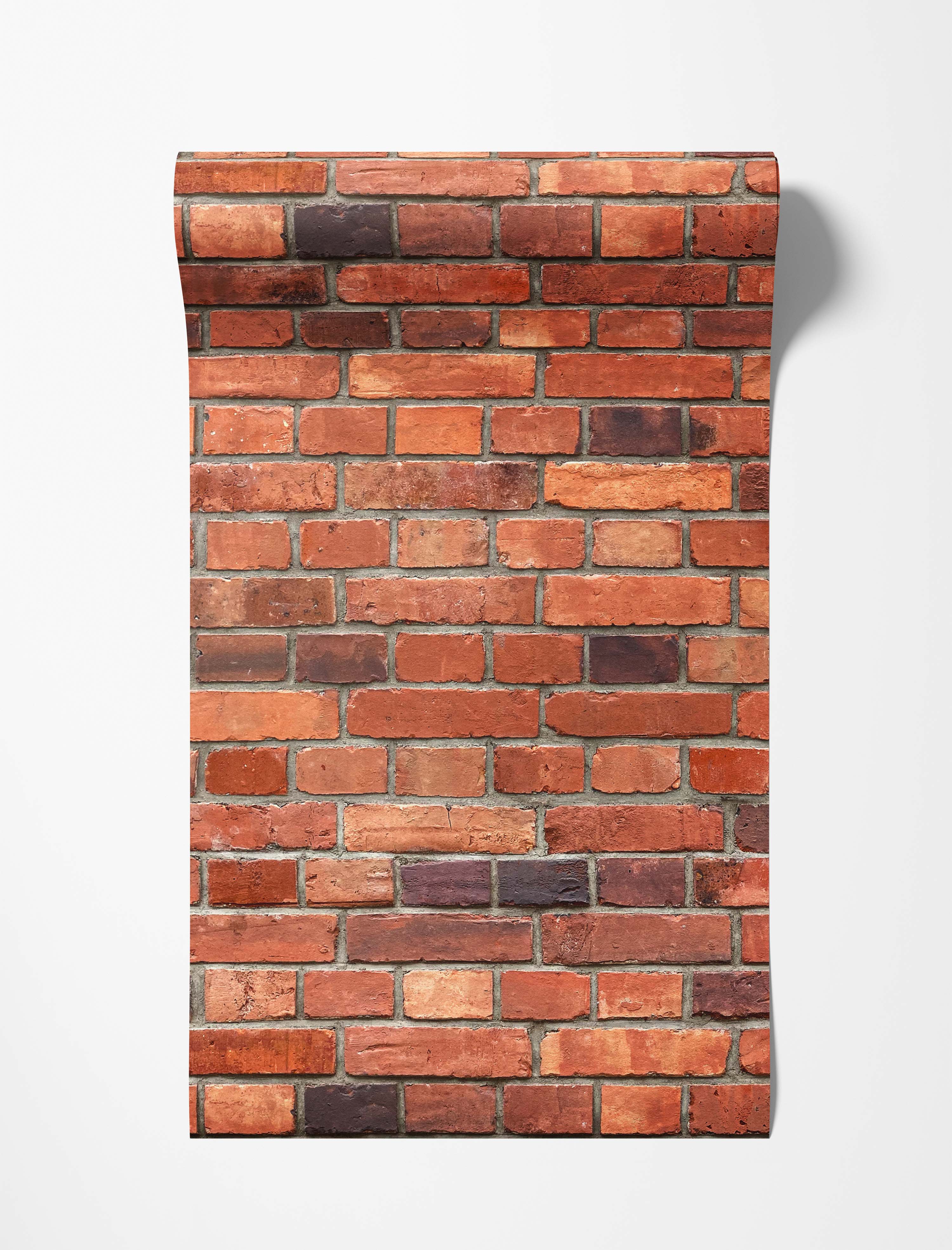 Realistic red brick wallpaper with varied shades of red, orange, and dark brown bricks, detailed with grey mortar lines.