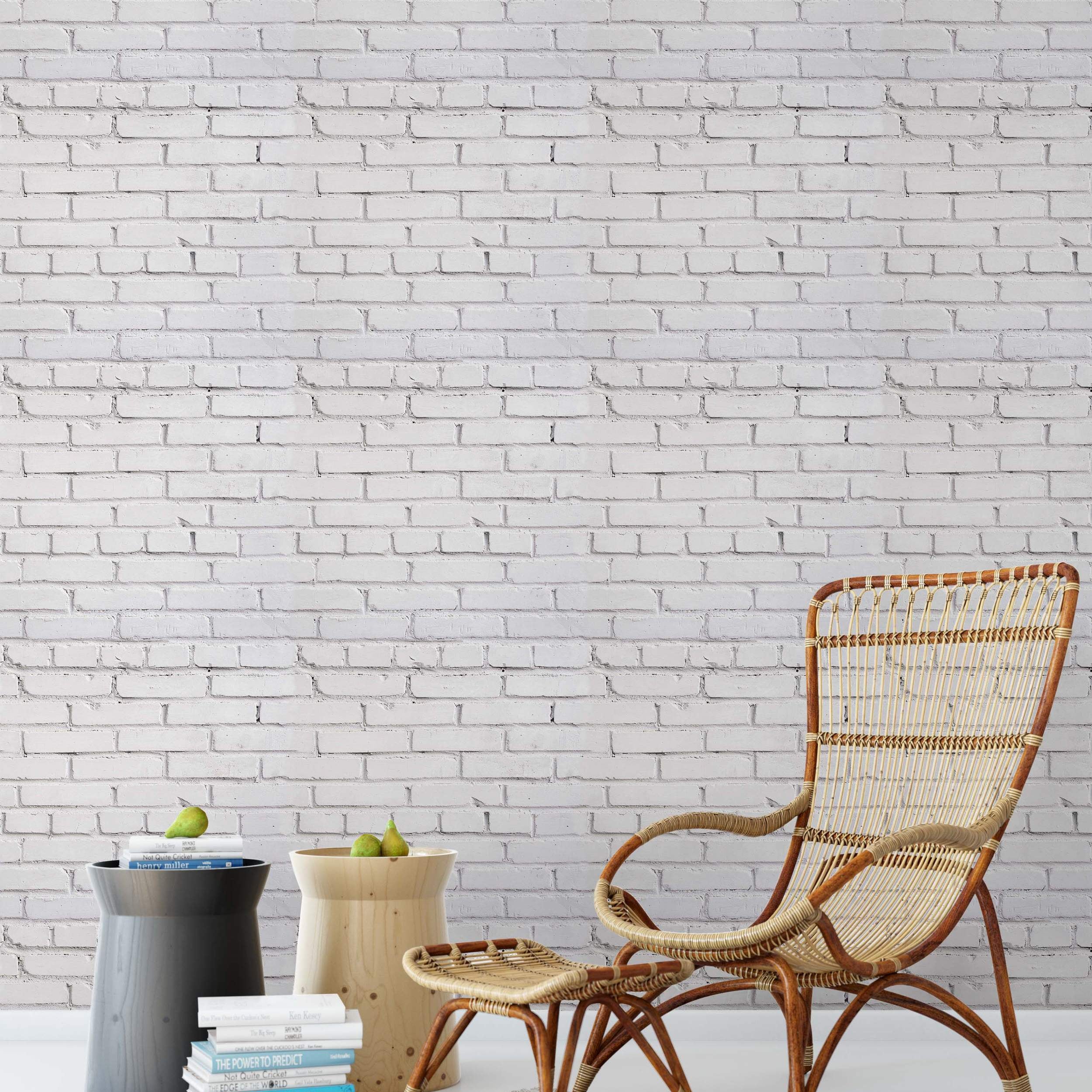 Realistic white painted brick wallpaper with visible light grey mortar lines creating a textured effect.