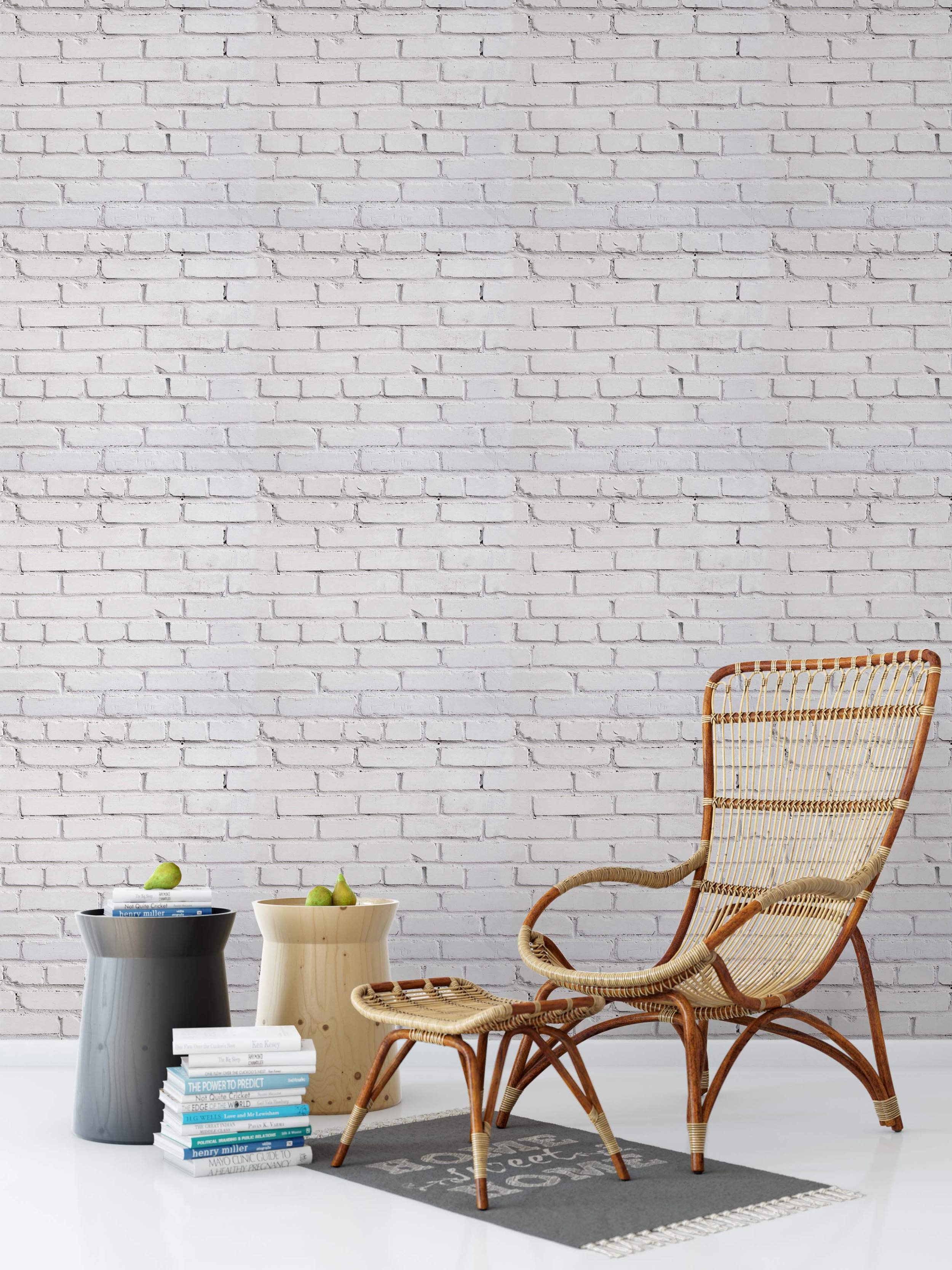 Realistic white painted brick wallpaper with visible light grey mortar lines creating a textured effect.