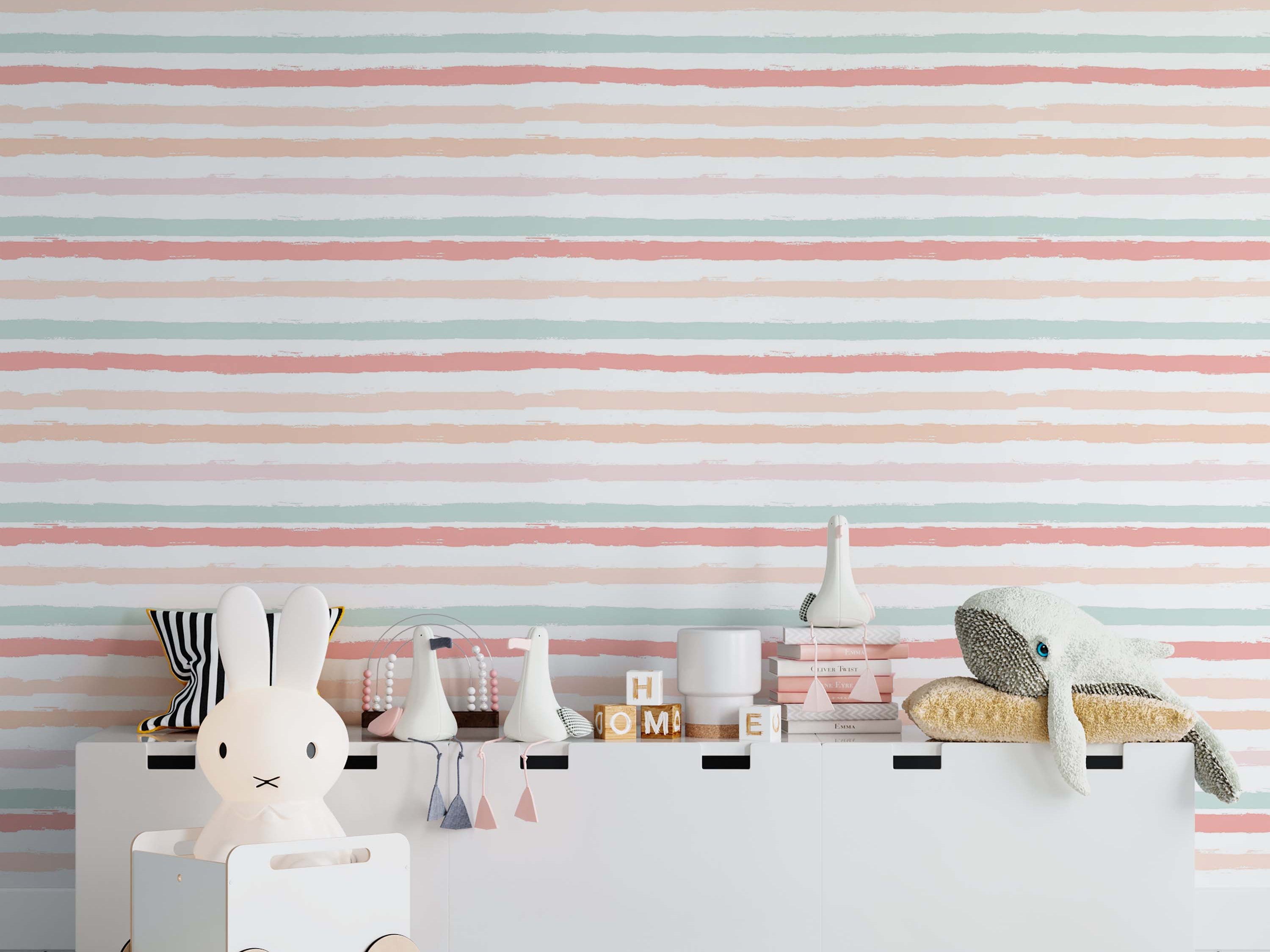 Wallpaper featuring horizontal brushed stripes in pastel pink, peach, and mint green on an off-white background.