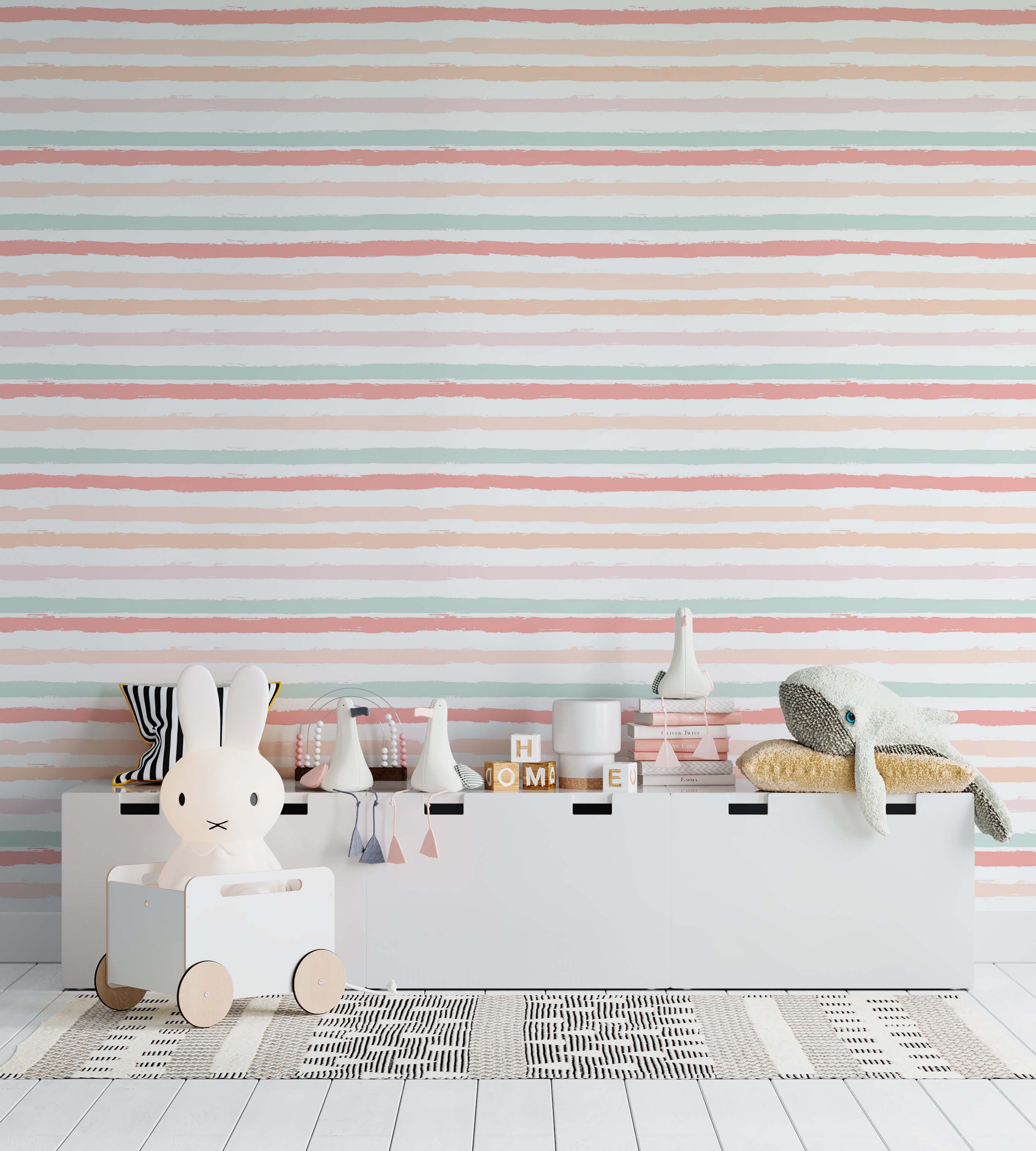 Wallpaper featuring horizontal brushed stripes in pastel pink, peach, and mint green on an off-white background.
