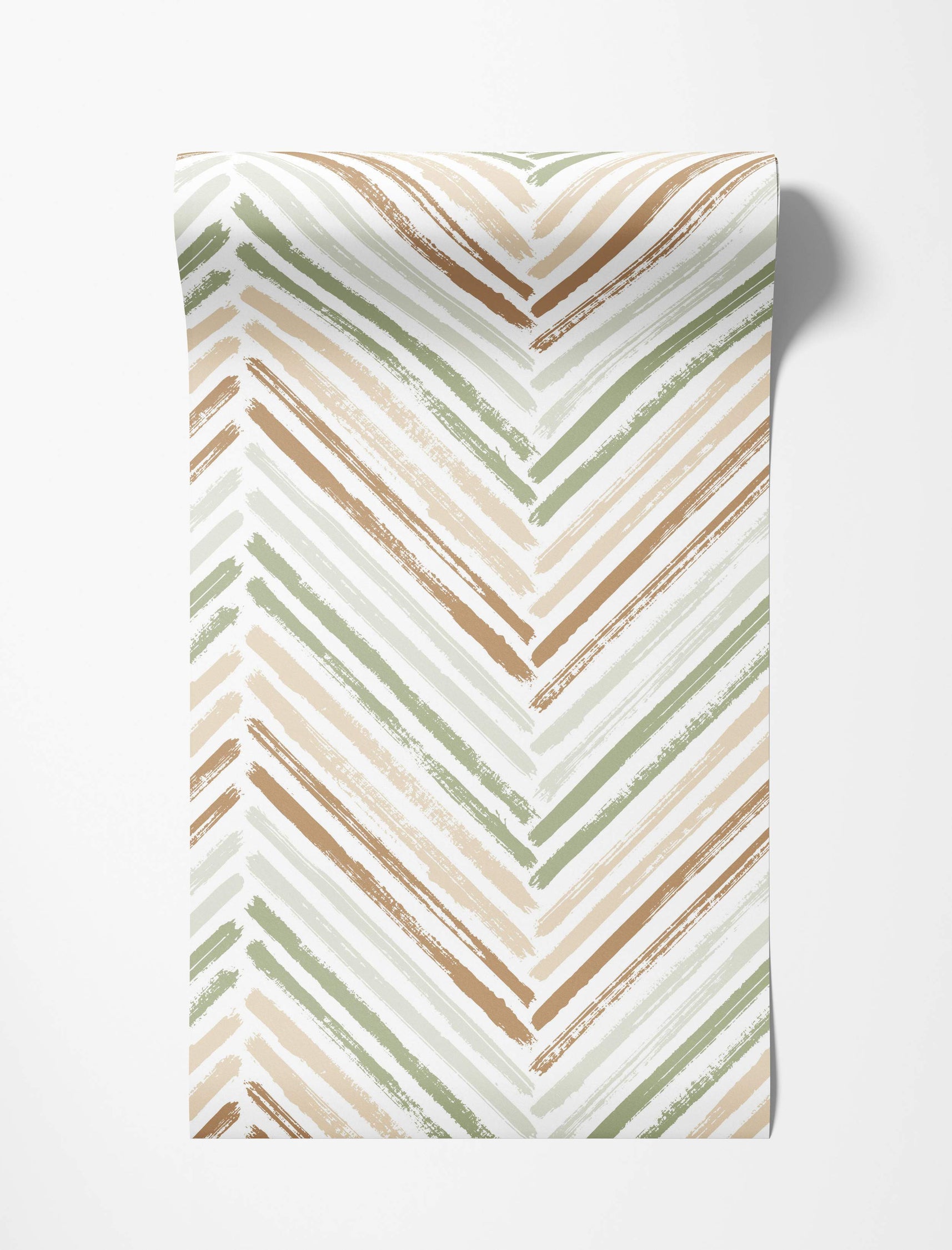 Wallpaper featuring a painterly chevron pattern with brushstrokes in green, beige, and brown hues on white.