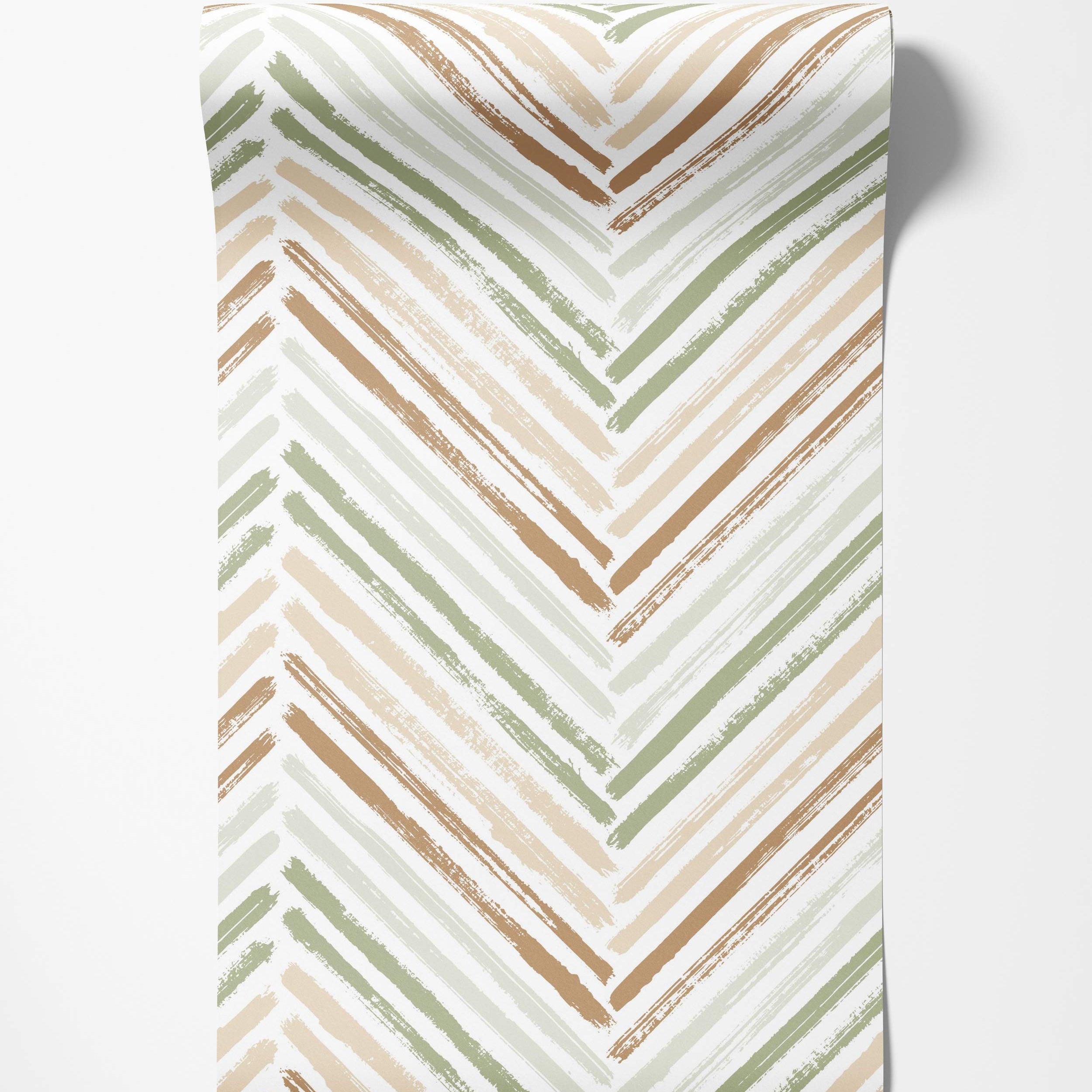 Wallpaper featuring a painterly chevron pattern with brushstrokes in green, beige, and brown hues on white.