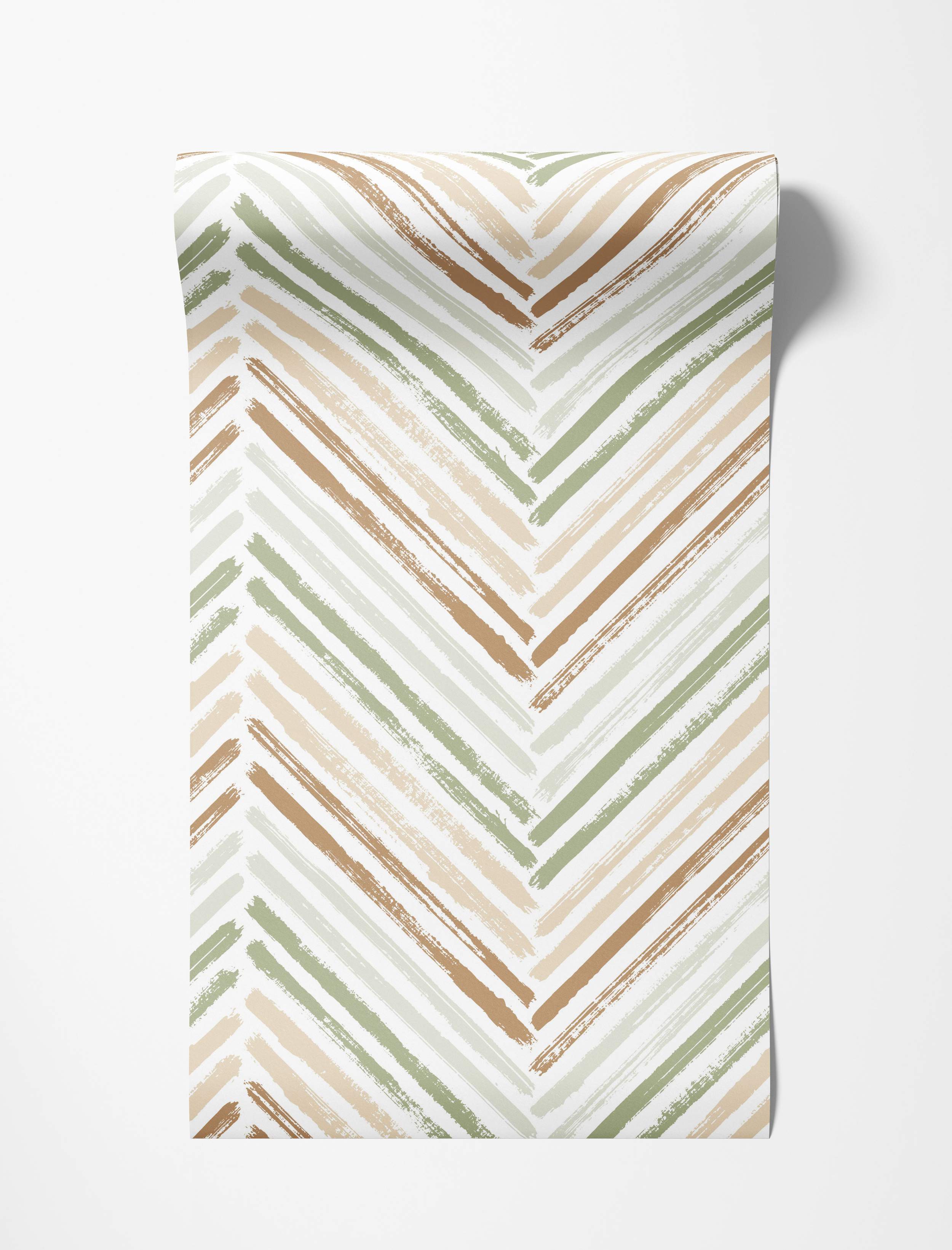 Wallpaper featuring a painterly chevron pattern with brushstrokes in green, beige, and brown hues on white.