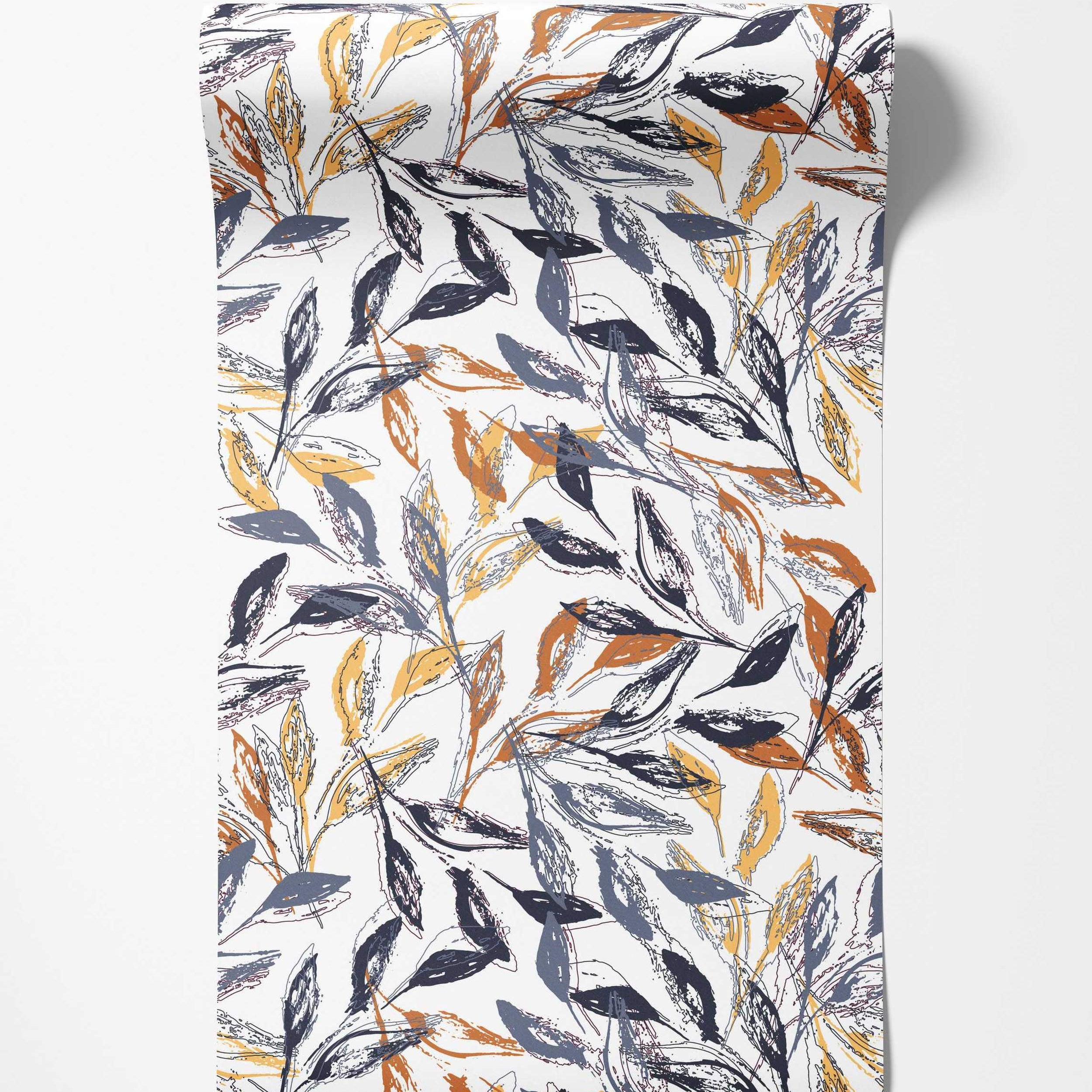 Wallpaper features a pattern of abstract, sketchy leaves in navy blue, slate blue, golden yellow, and rust on a white background.