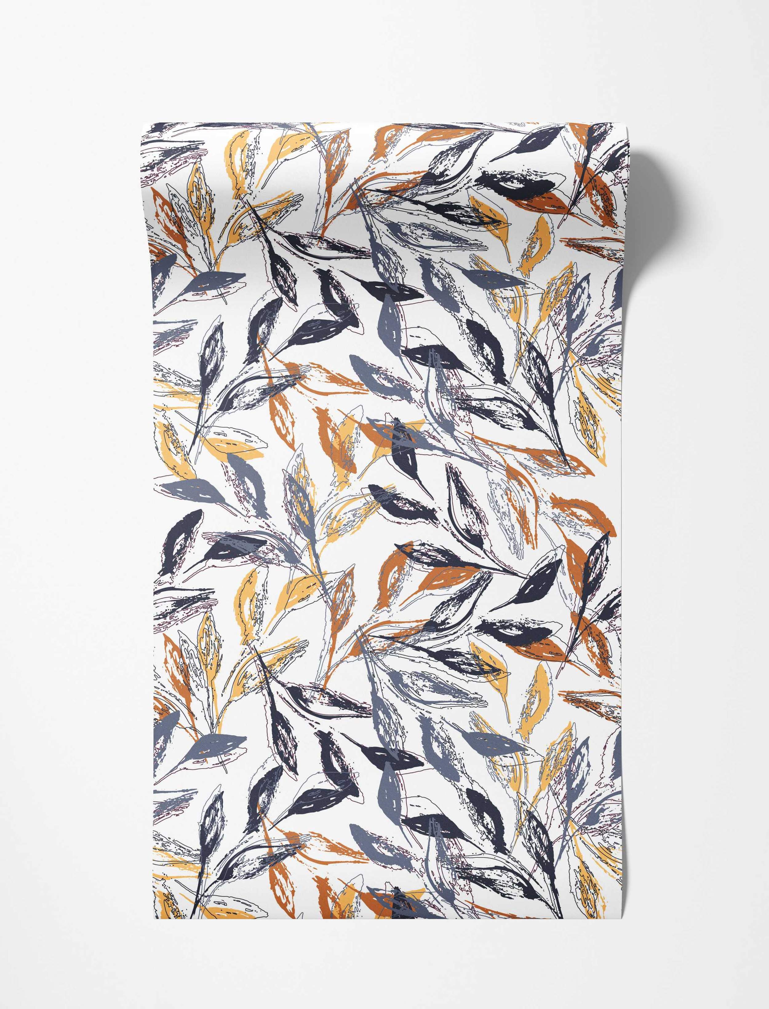 Wallpaper features a pattern of abstract, sketchy leaves in navy blue, slate blue, golden yellow, and rust on a white background.