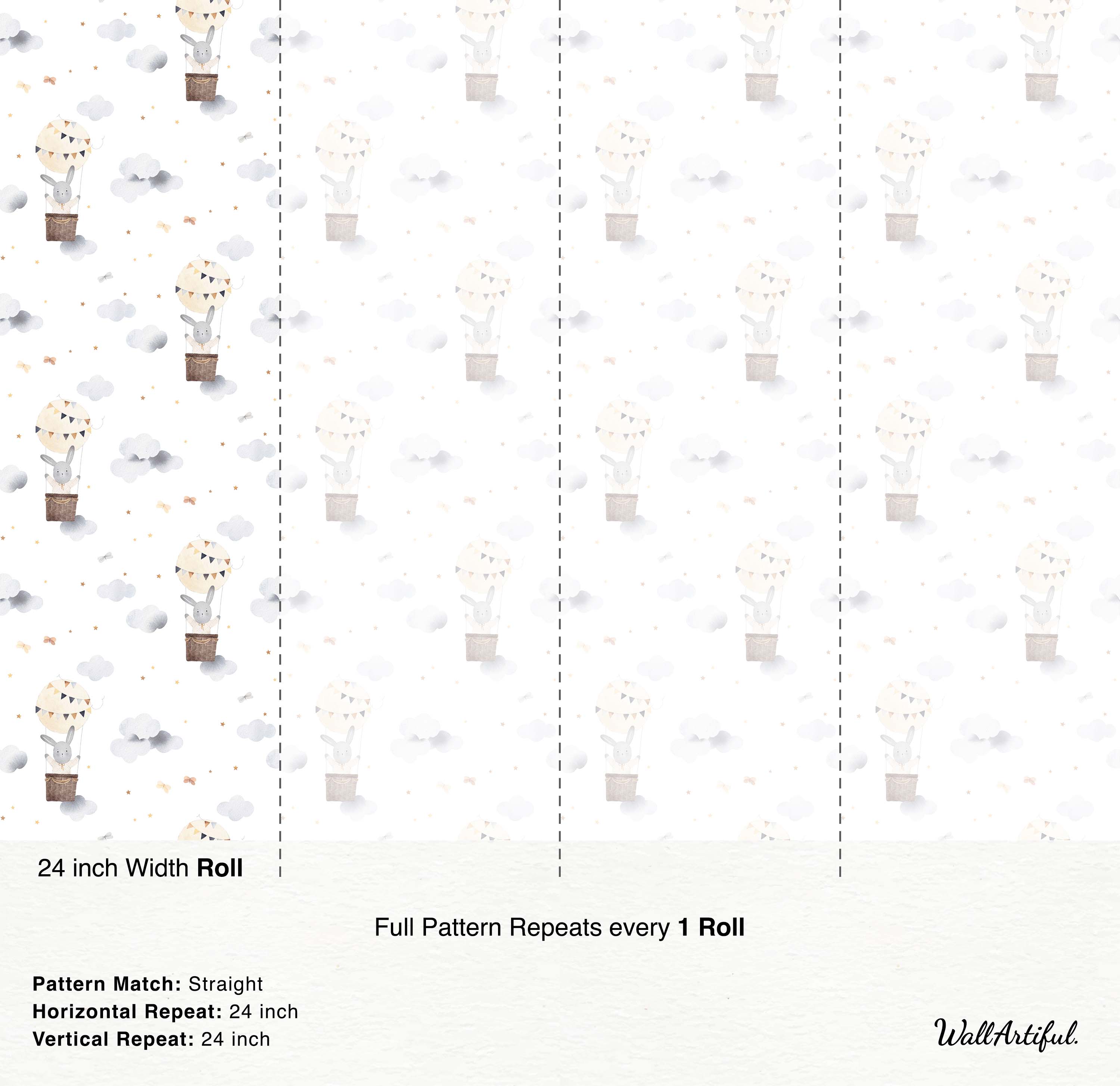 Watercolor wallpaper featuring gray bunnies in beige hot air balloons among soft gray clouds, pale orange bows, and stars on white.