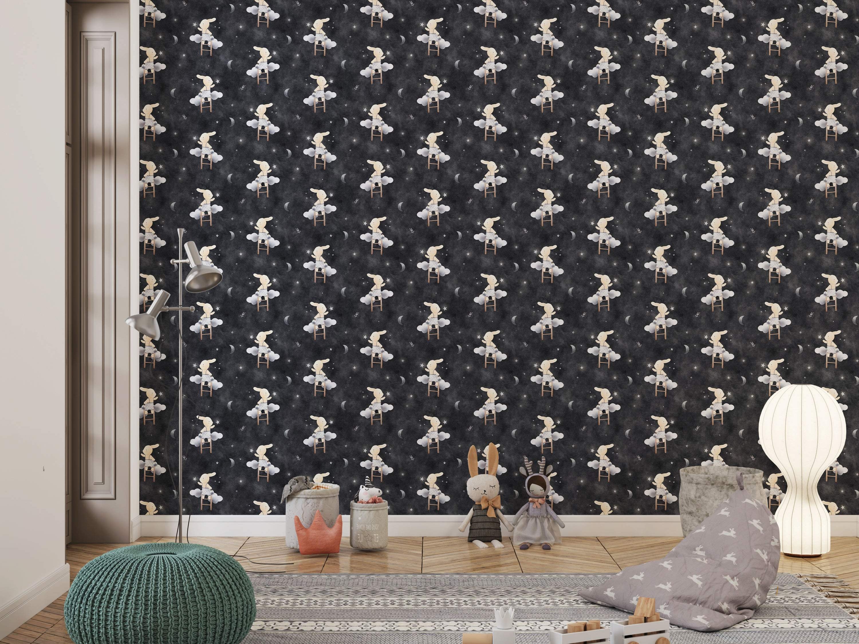 Wallpaper showing beige bunnies on ladders reaching for clouds amid stars and moons on a dark gray background.