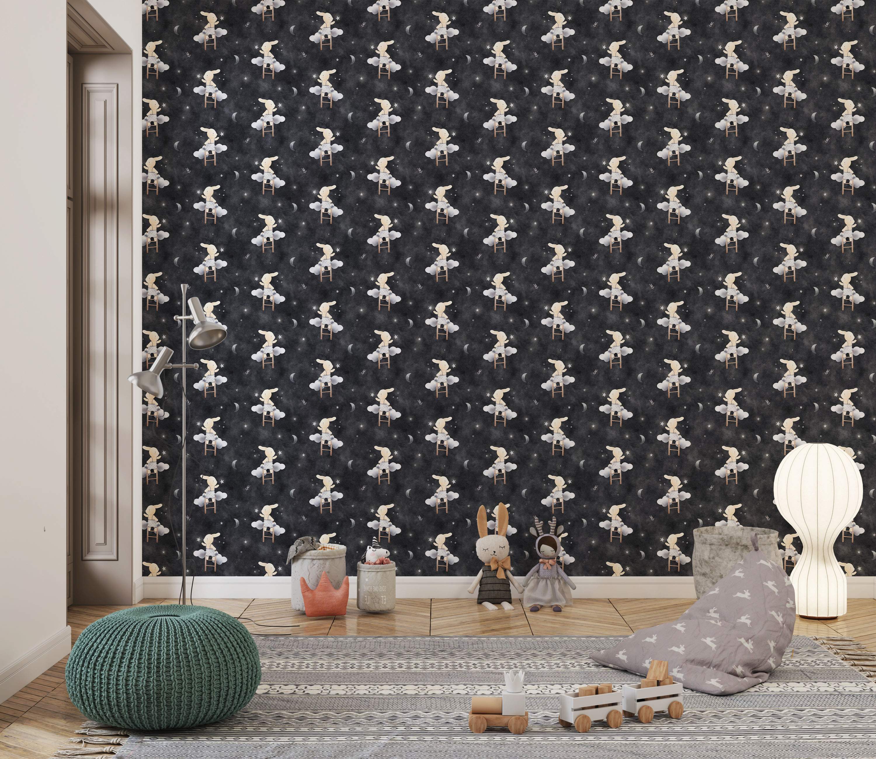 Wallpaper showing beige bunnies on ladders reaching for clouds amid stars and moons on a dark gray background.