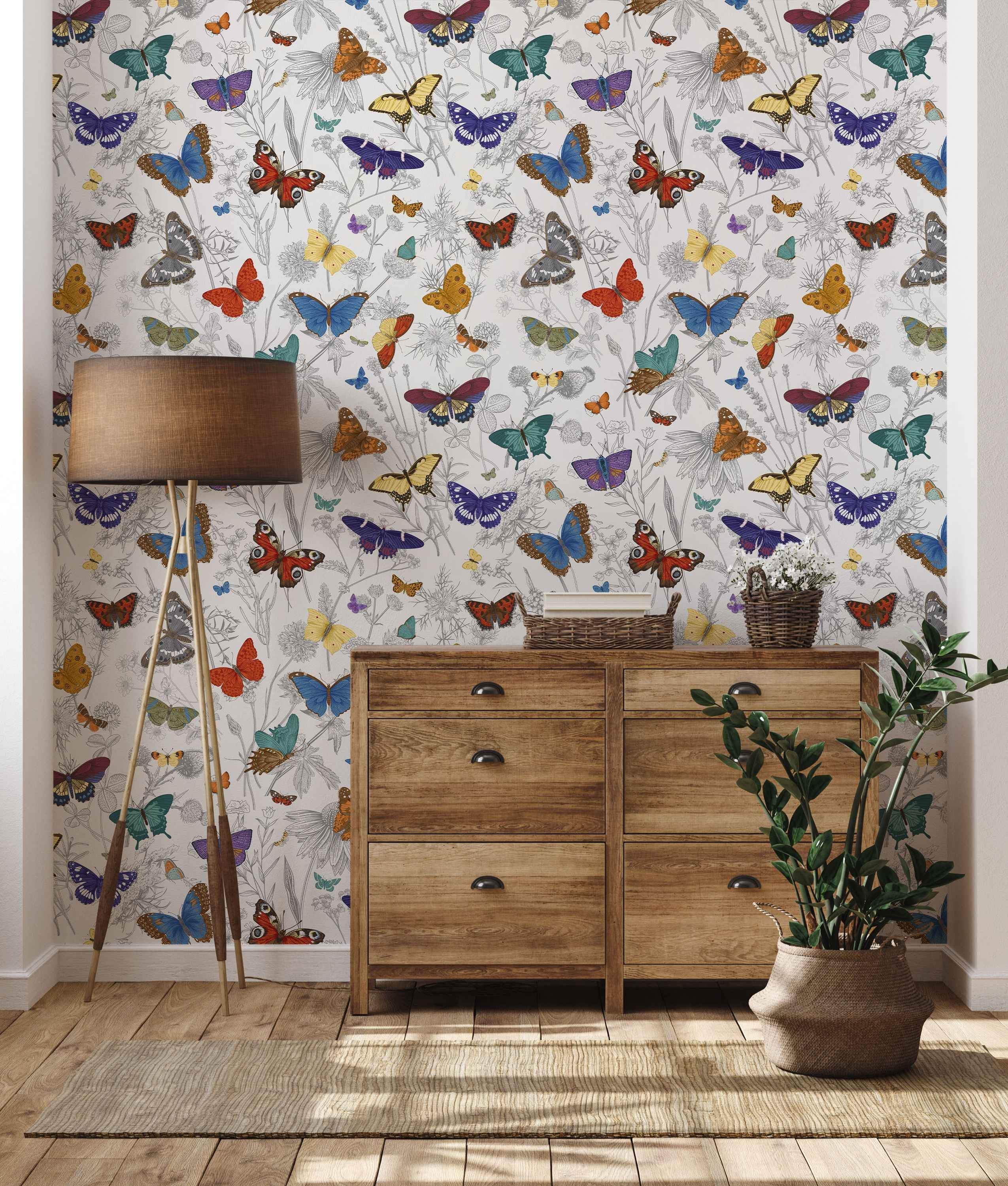 Colorful illustrated butterfly wallpaper with gray sketched botanical drawings on a light background.