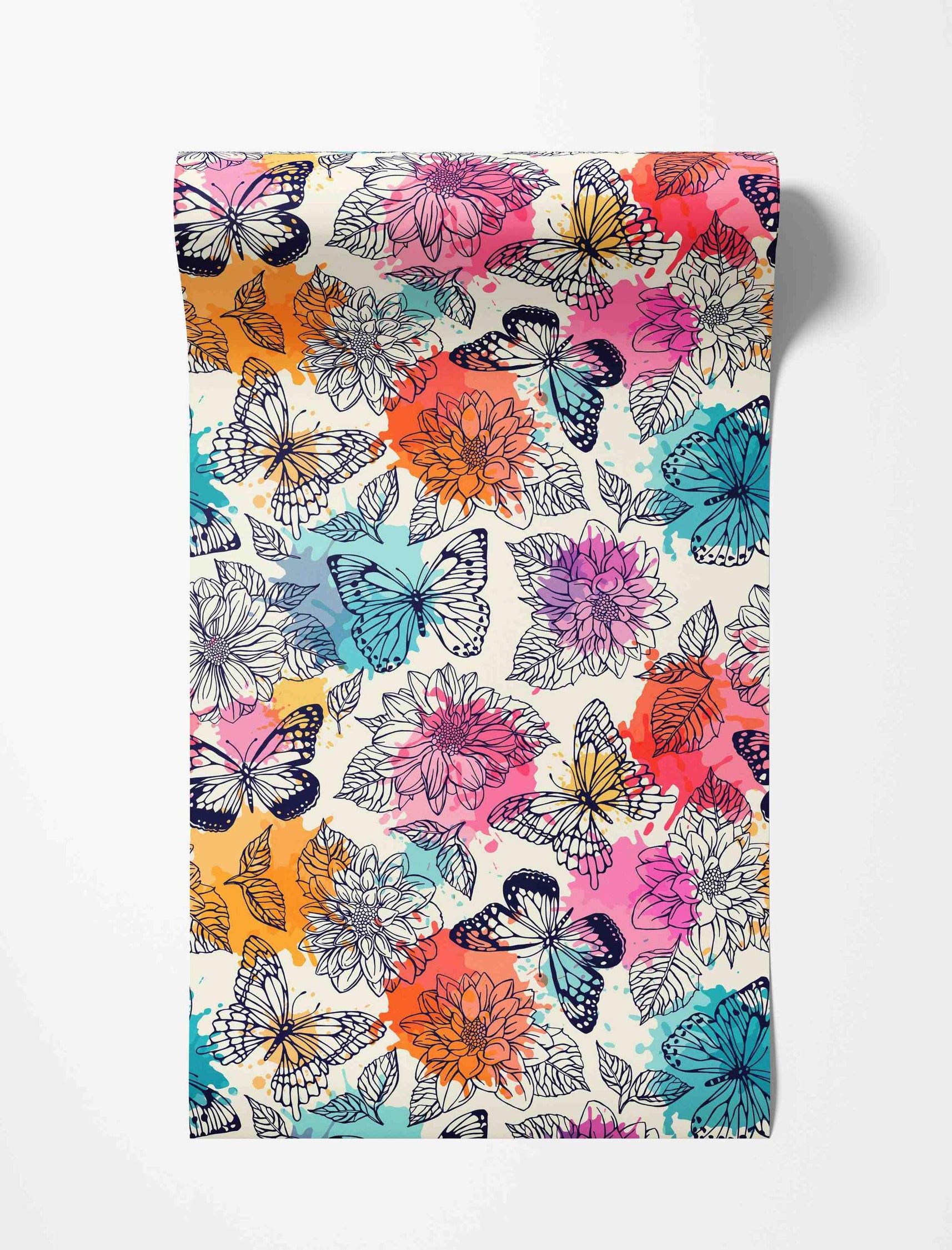 Colorful wallpaper featuring black line art butterflies and flowers overlaid on pink, orange, teal, and purple watercolor splashes.