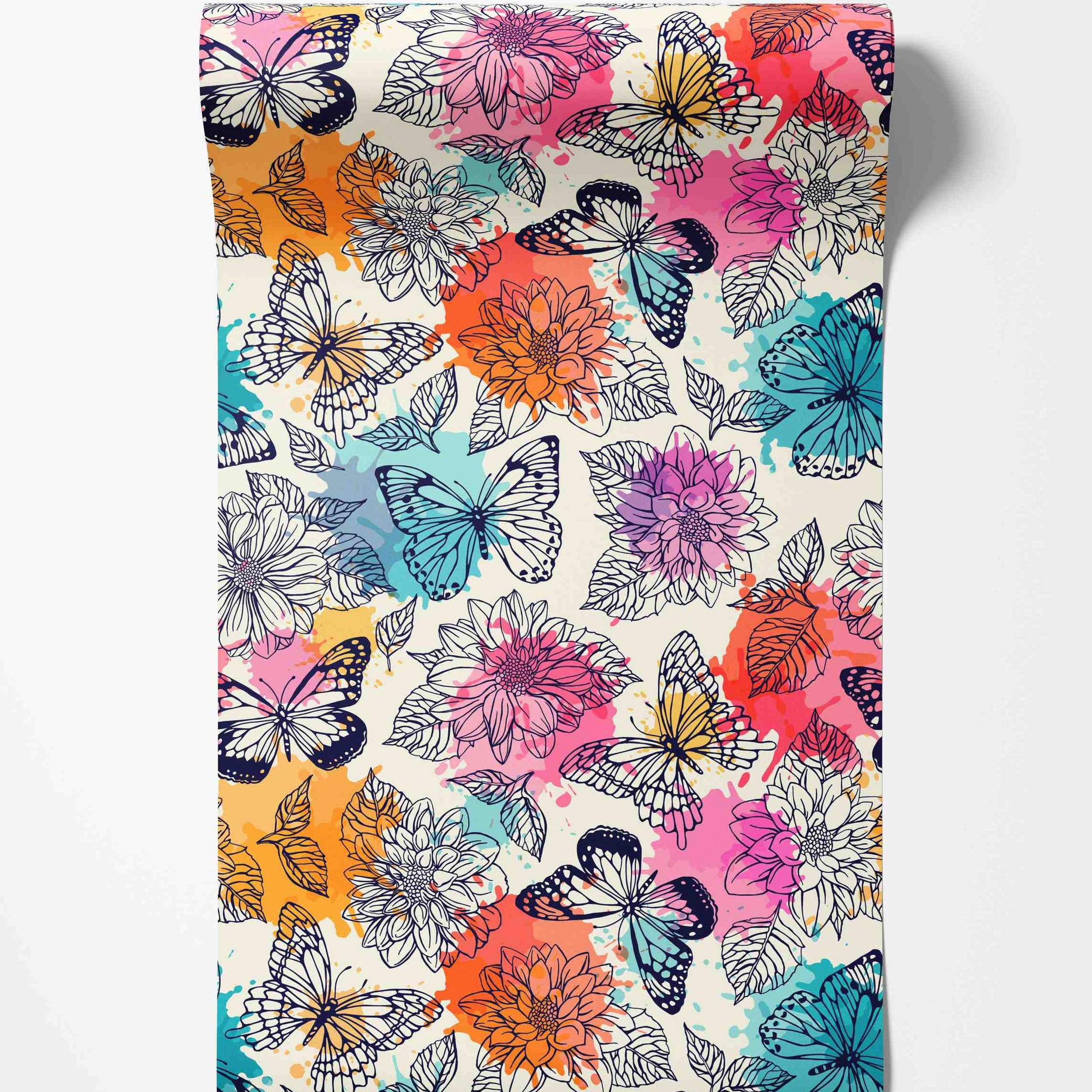 Colorful wallpaper featuring black line art butterflies and flowers overlaid on pink, orange, teal, and purple watercolor splashes.