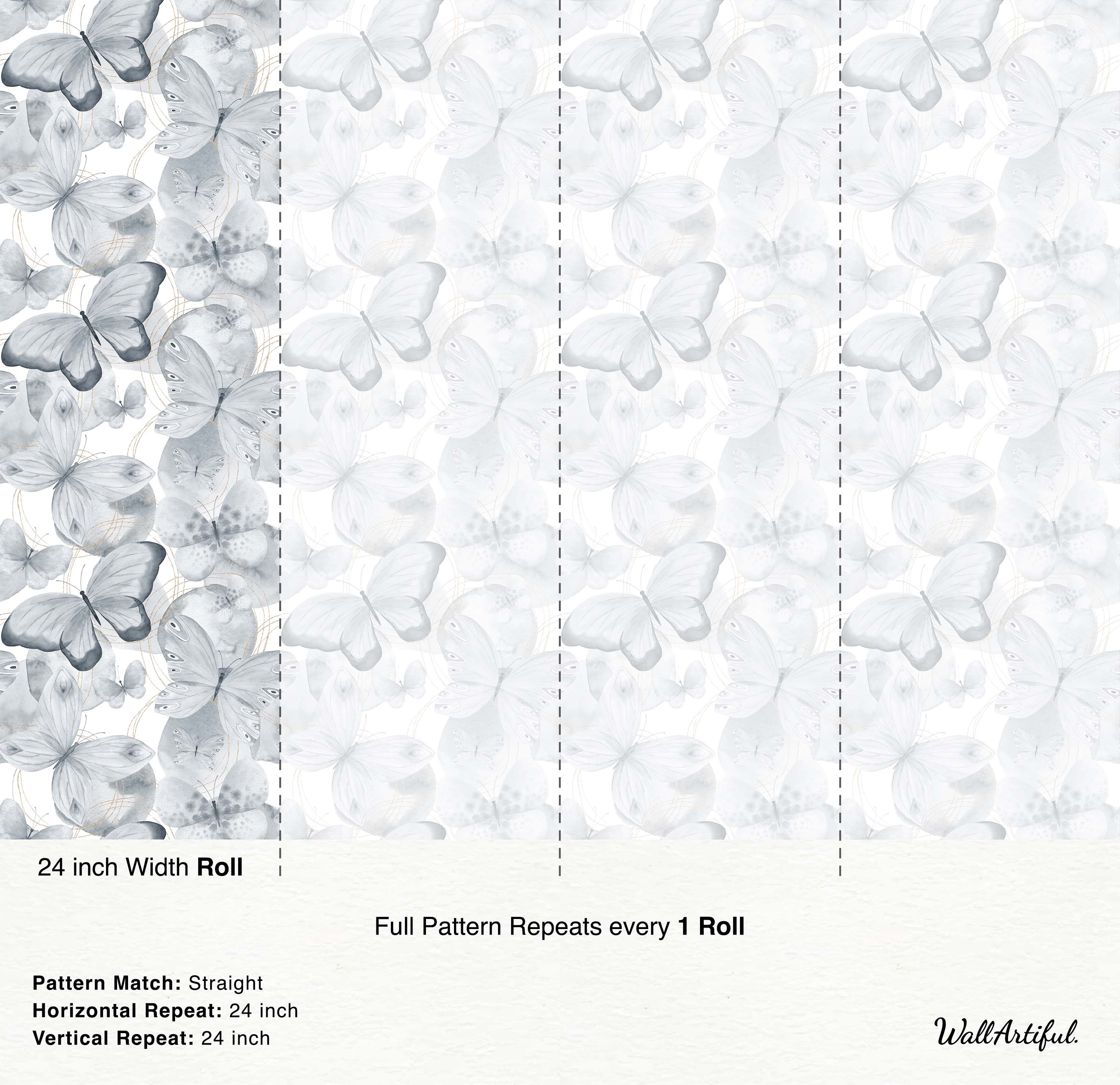 Gray and white watercolor butterfly wallpaper with fine gold line accents, arranged in a repeating design.