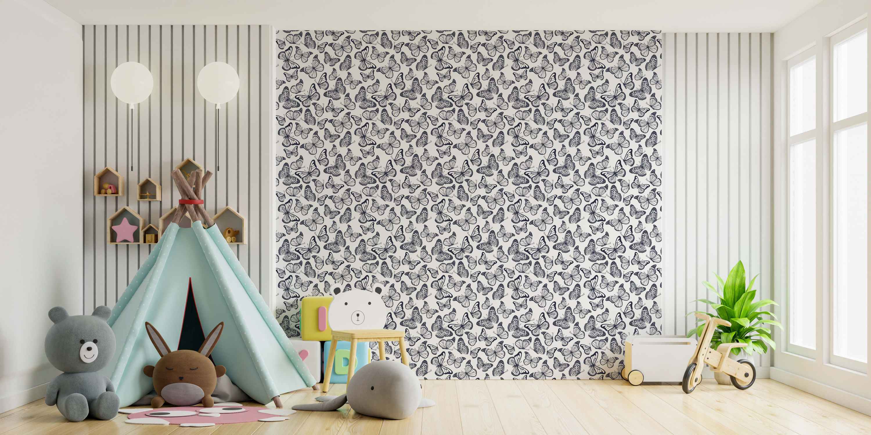 Wallpaper featuring a dense repeating pattern of illustrated black butterflies on a white background.