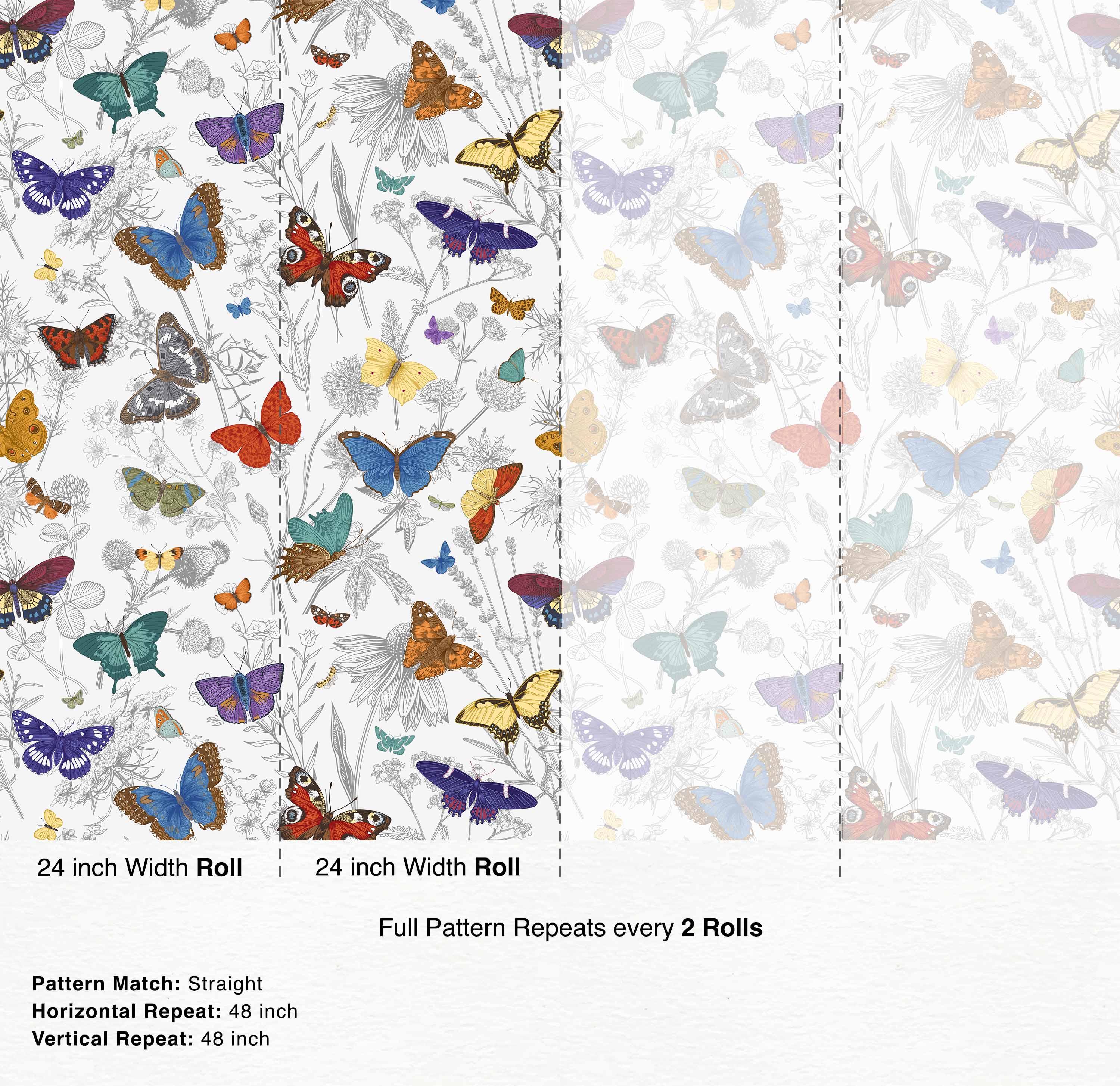 Wallpaper featuring colorful butterflies scattered amongst gray line-drawn botanical illustrations on a white background.