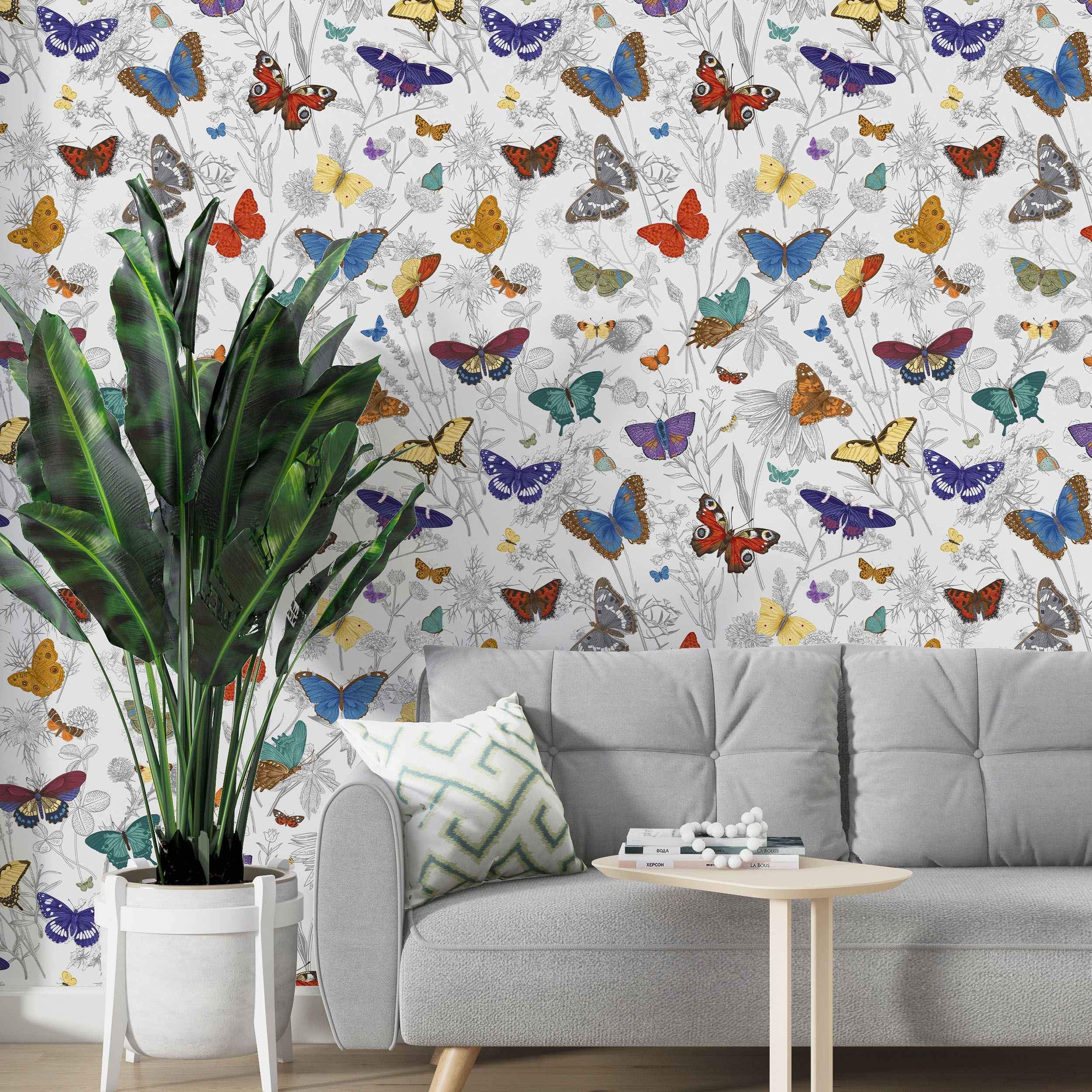 Wallpaper featuring colorful butterflies in various bright hues scattered among delicate gray floral line drawings on a light background.