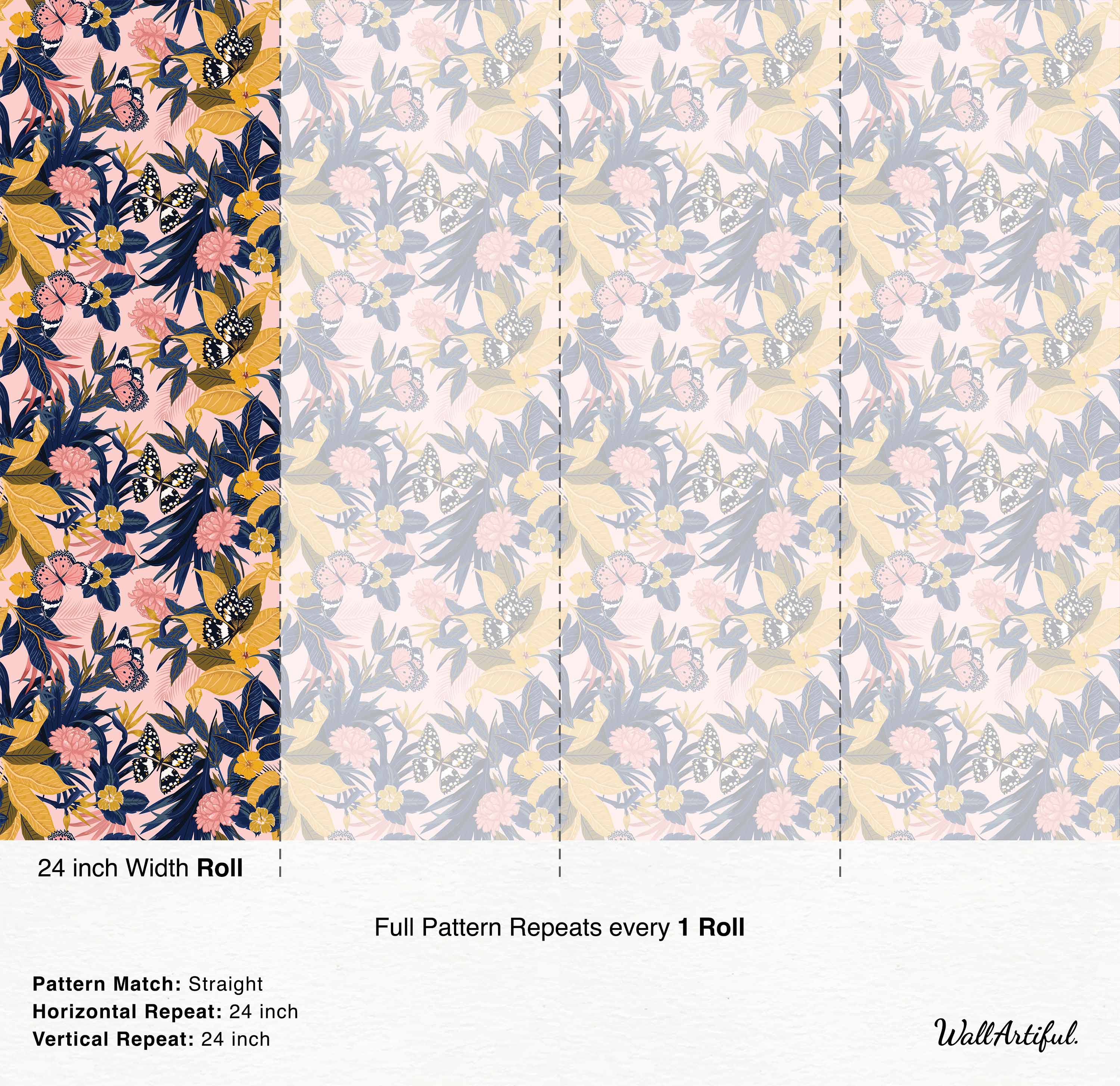 Tropical floral wallpaper with butterflies, navy and yellow leaves, and pink flowers on a light pink background.