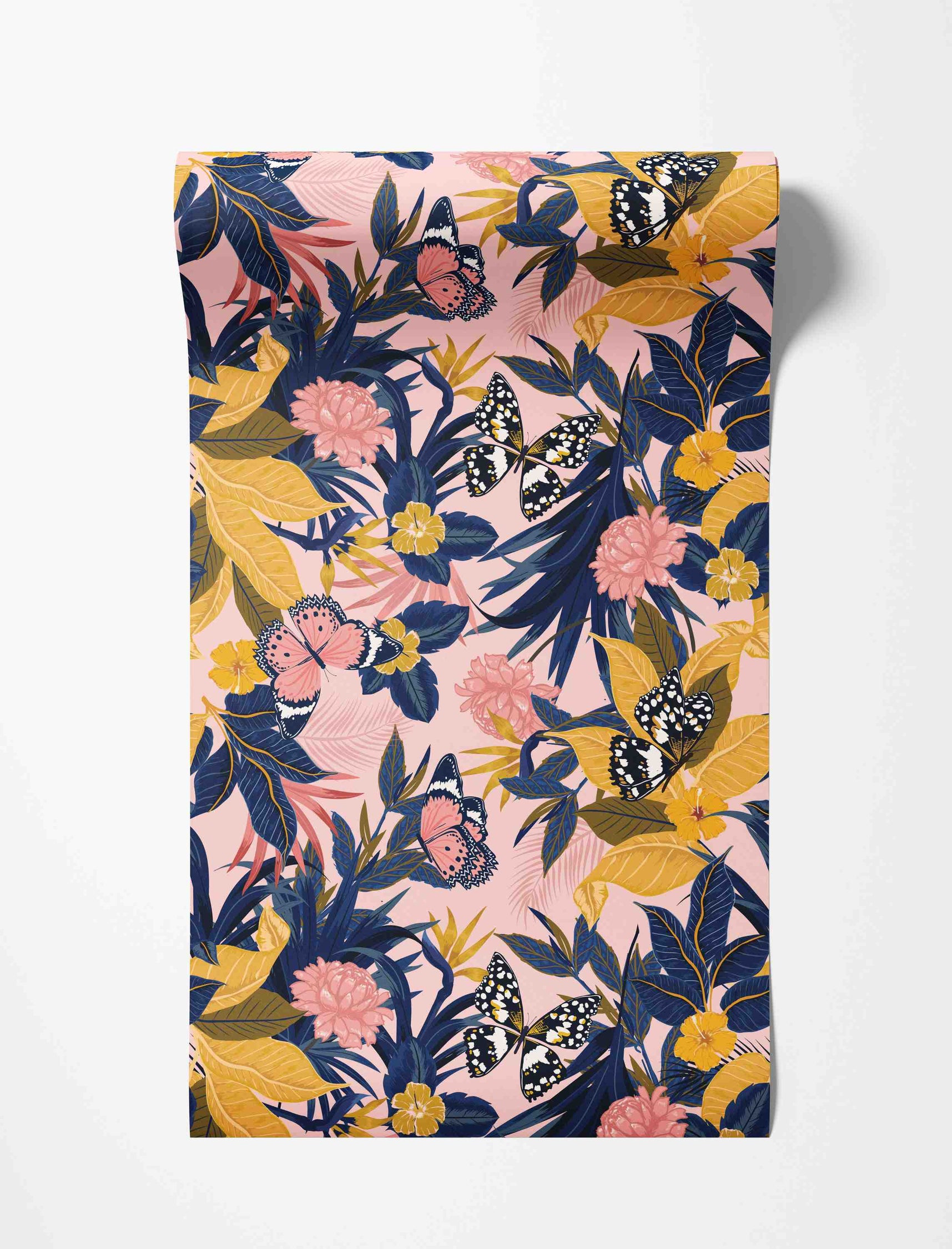 Tropical wallpaper featuring blue and yellow leaves, pink flowers, and pink and black butterflies on a light pink background.