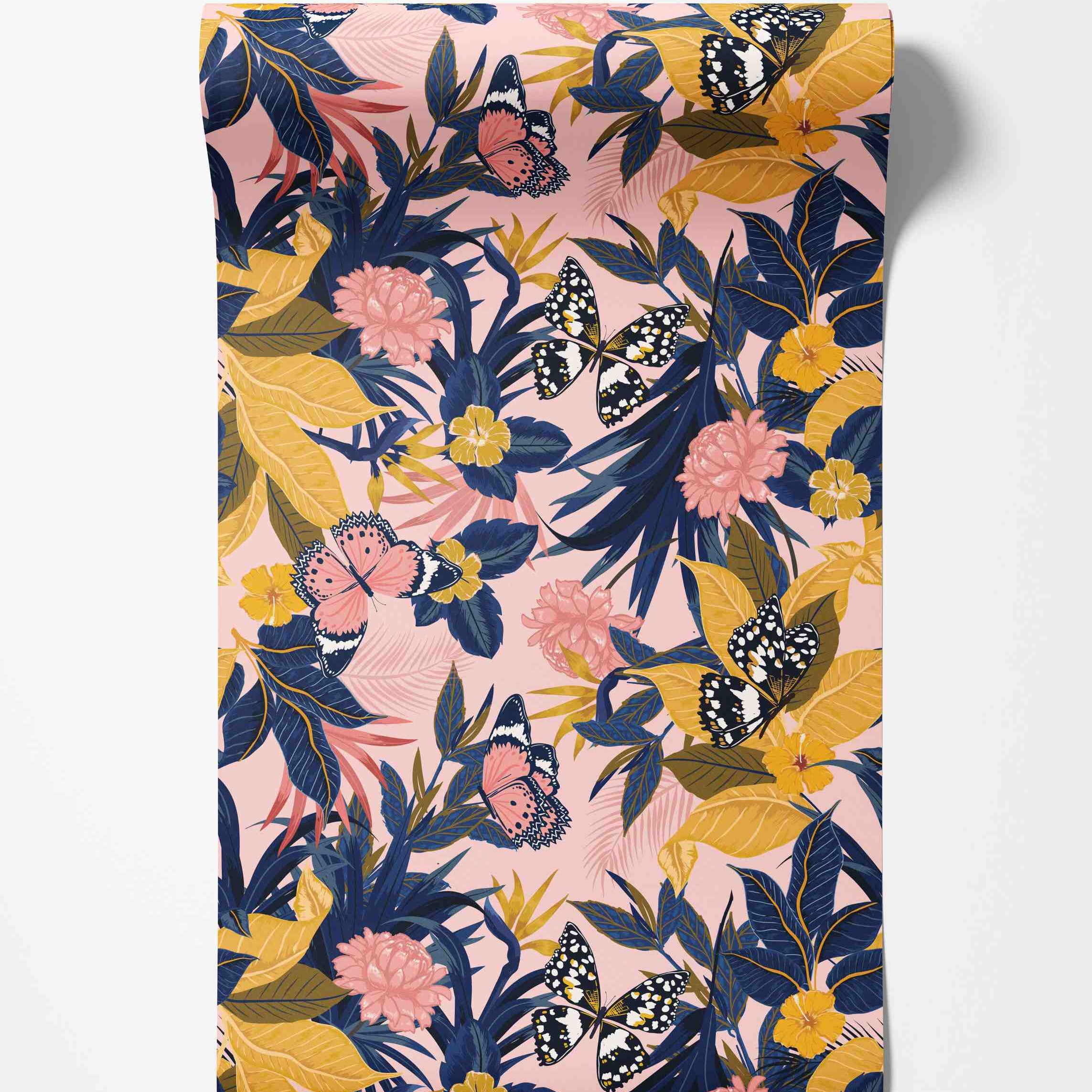 Tropical wallpaper featuring blue and yellow leaves, pink flowers, and pink and black butterflies on a light pink background.