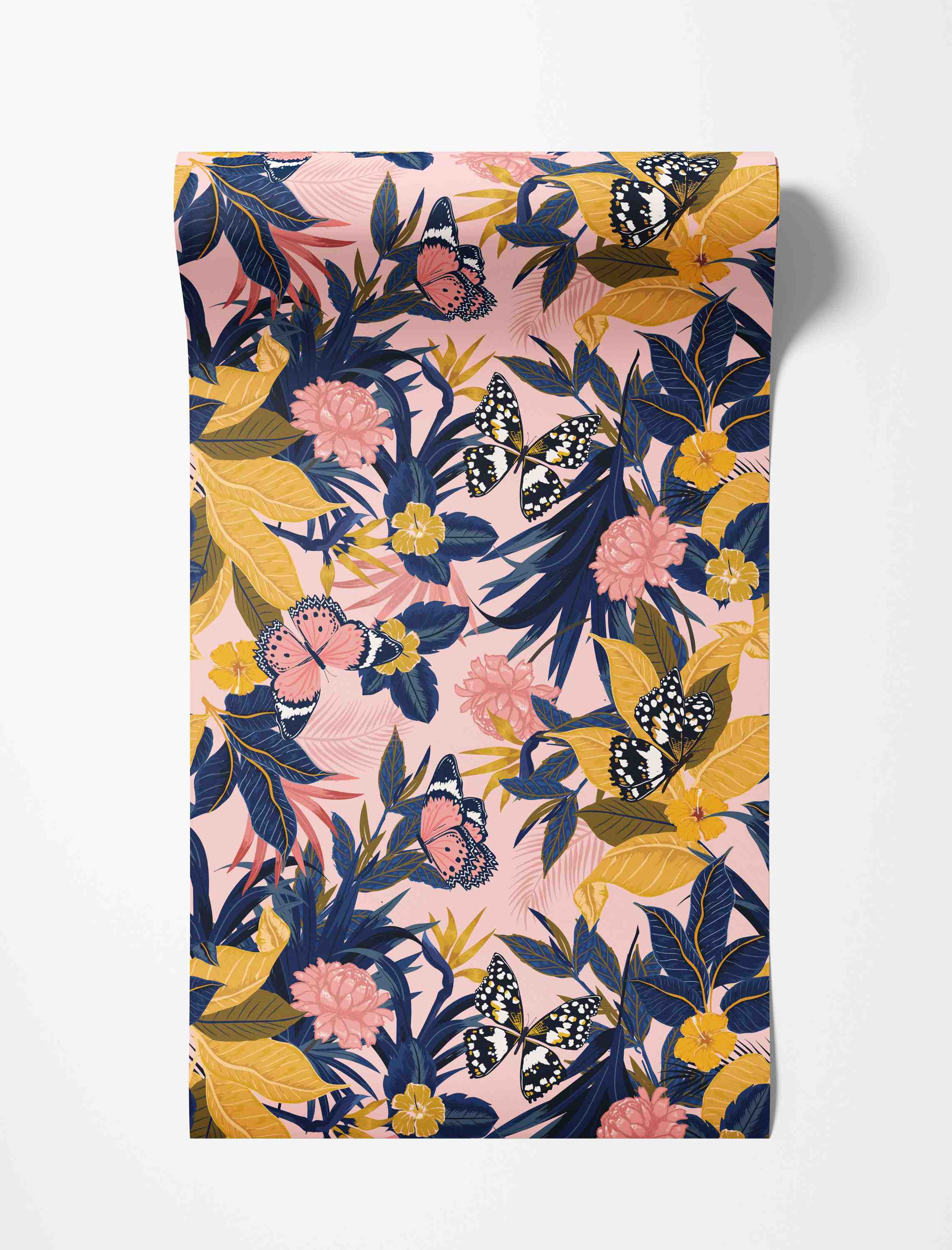 Tropical wallpaper featuring blue and yellow leaves, pink flowers, and pink and black butterflies on a light pink background.