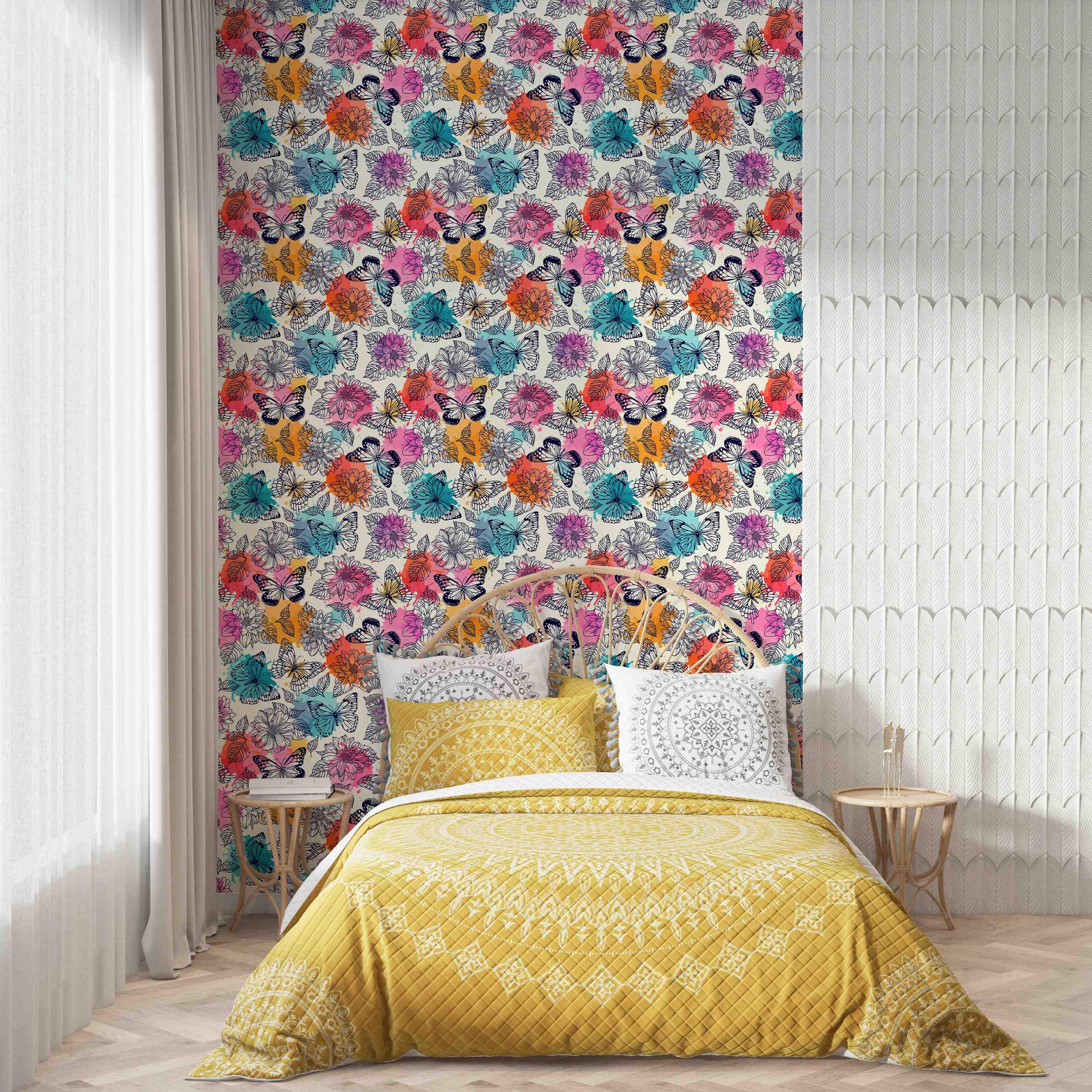 Wallpaper featuring black line art butterflies and flowers over bright watercolor splashes in pink, orange, blue, and purple.