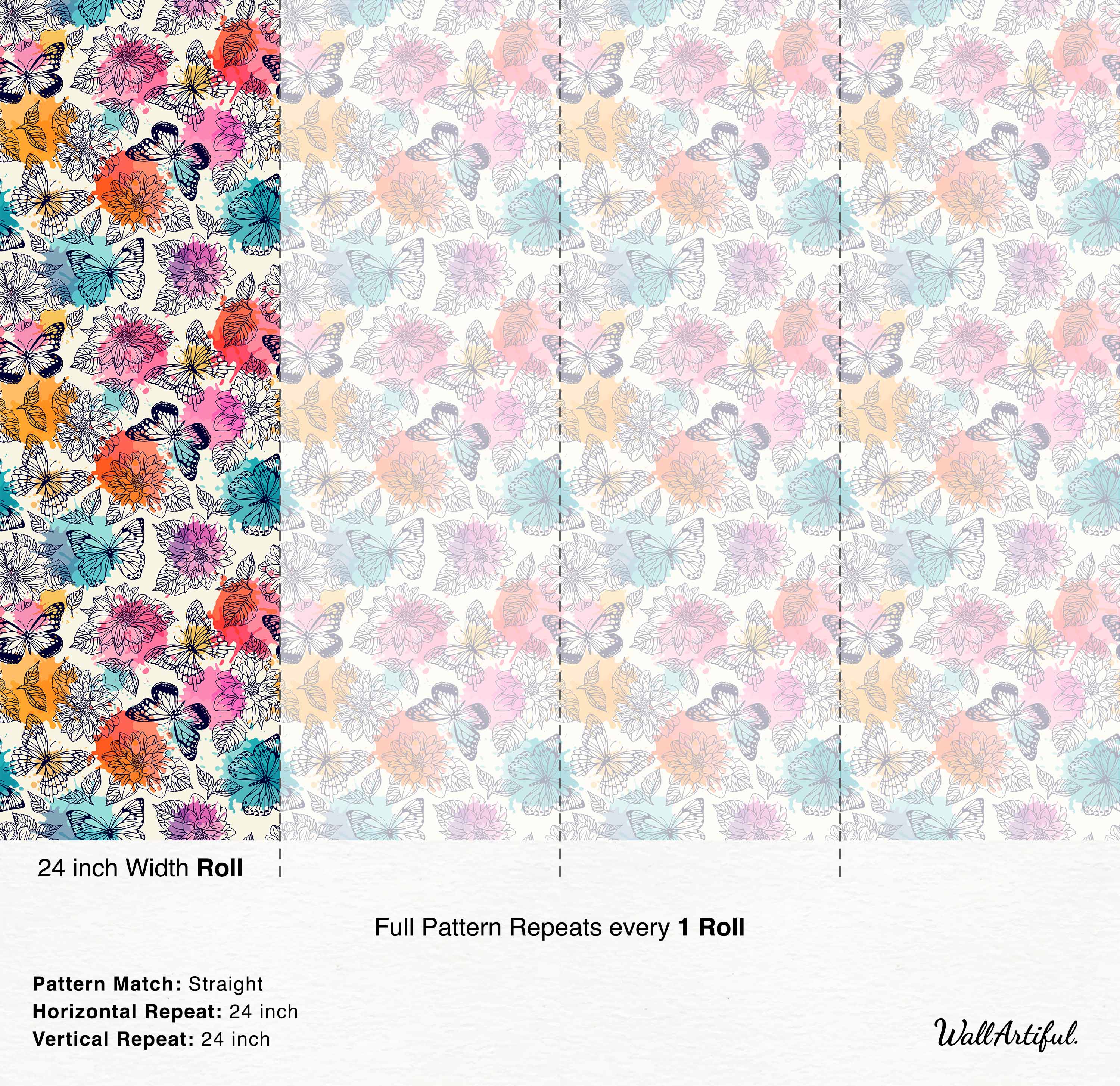 Line art butterfly and flower wallpaper with colorful pink, orange, and blue watercolor splashes on a cream background.